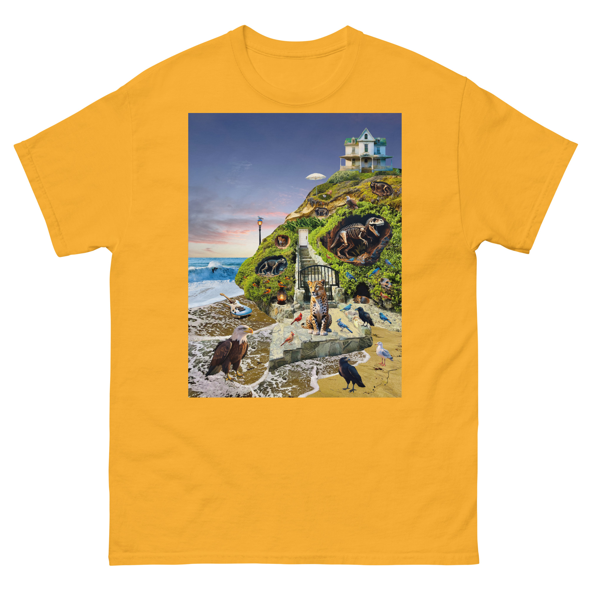 Yellow T-shirt featuring seaside hill with animals