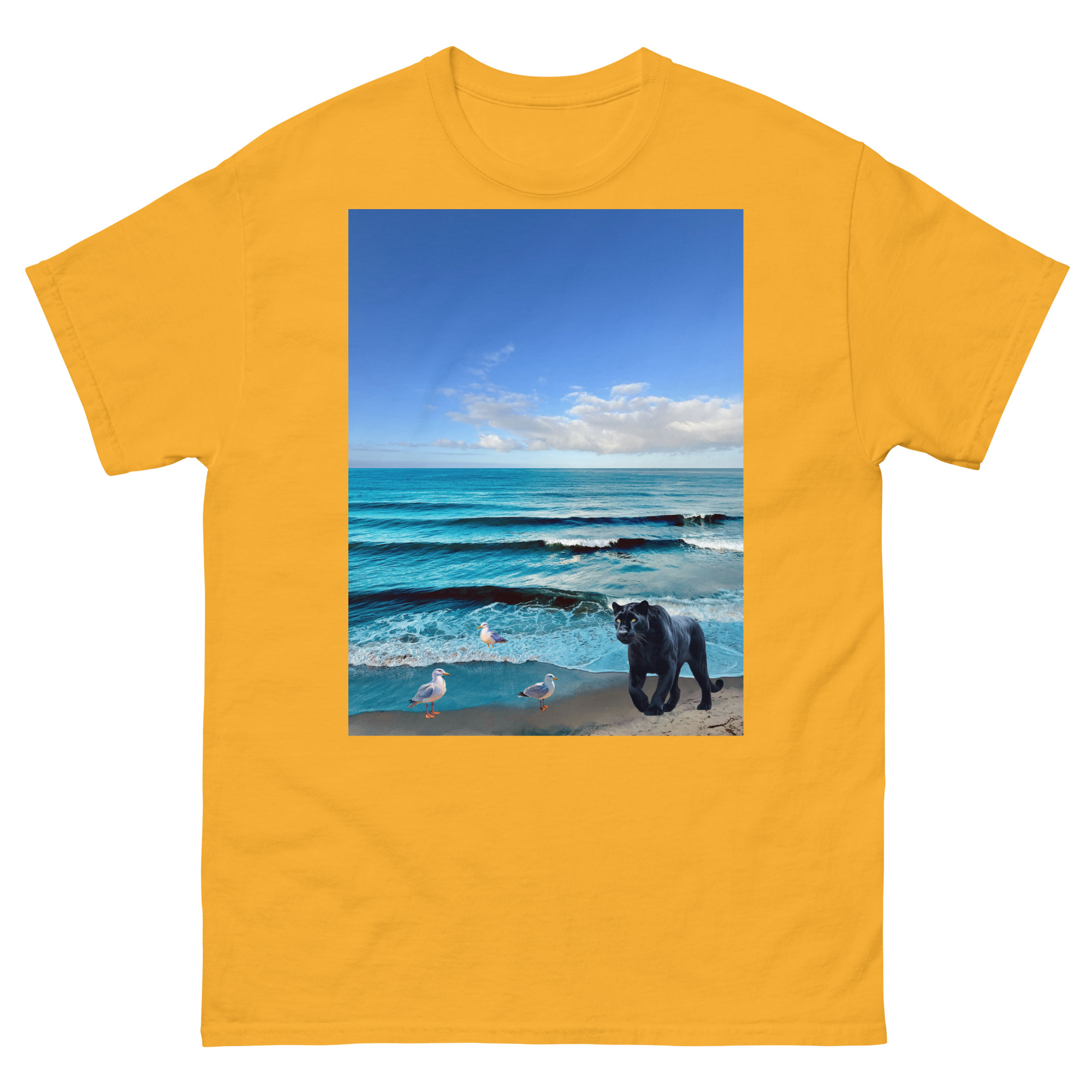 Yellow t-shirt with beach scene, dog and seagulls