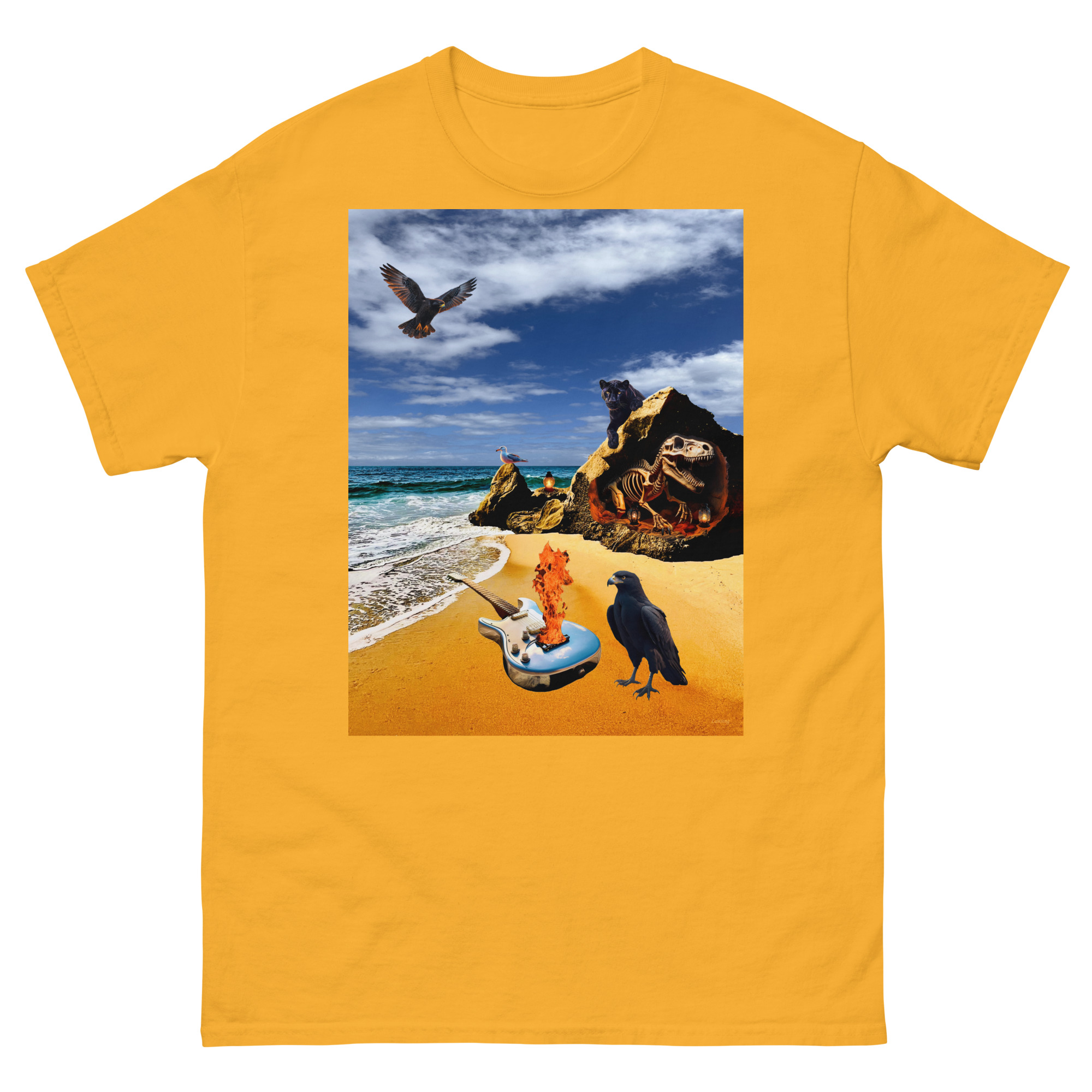 Yellow T-shirt with surreal beach collage design