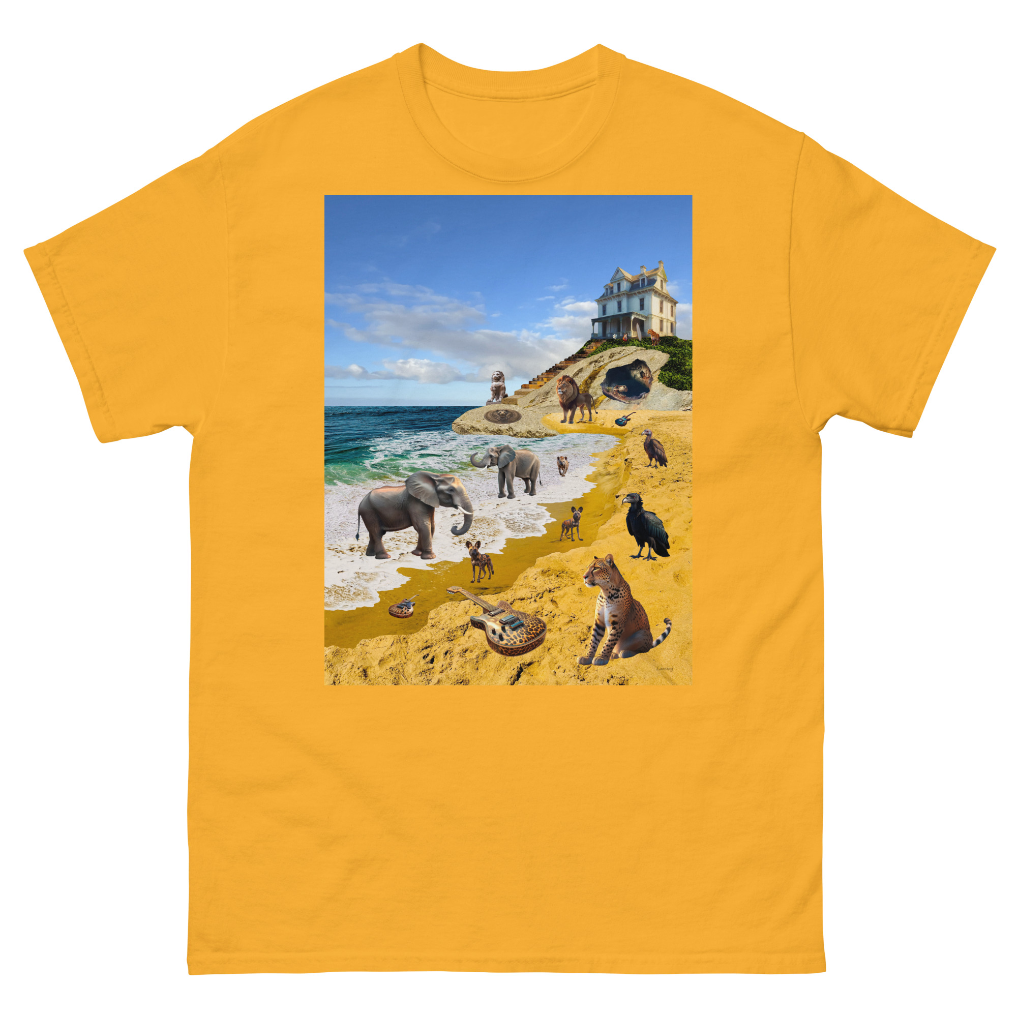 Yellow t-shirt with beach animal collage