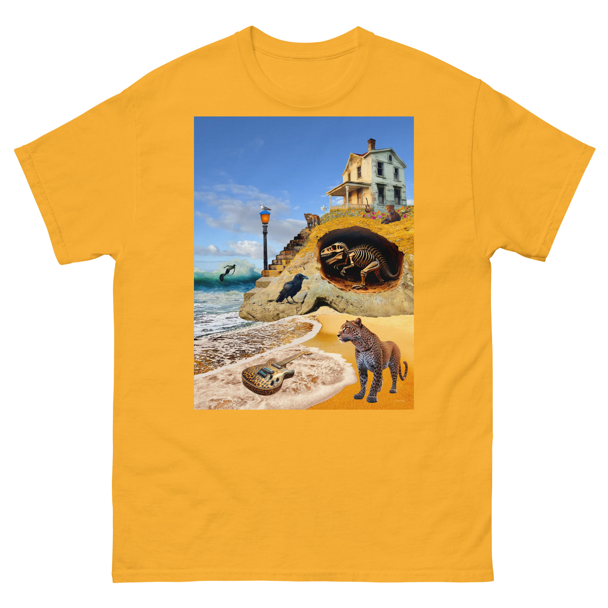 Yellow t-shirt featuring surreal seaside collage