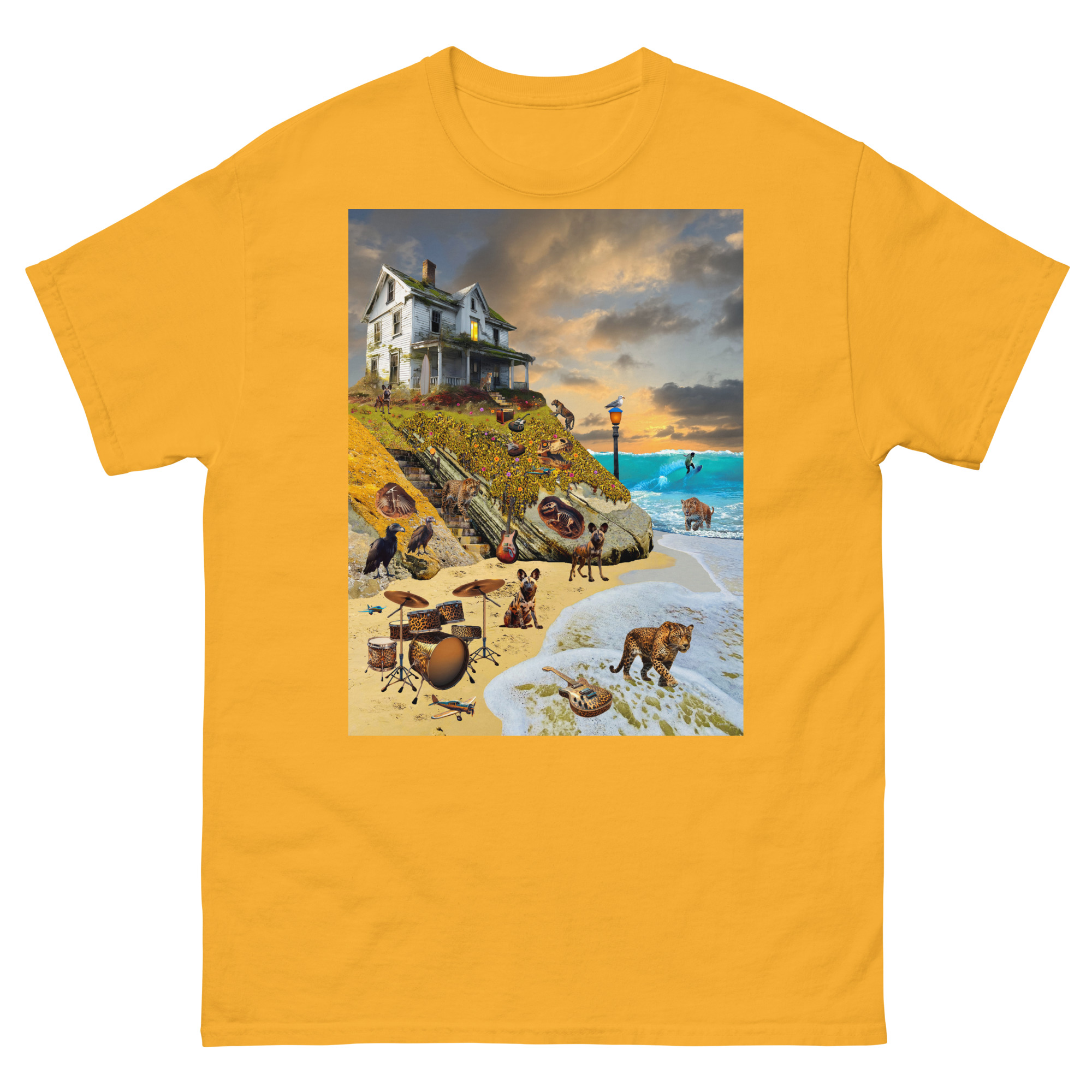 Surreal beach scene with house and animals