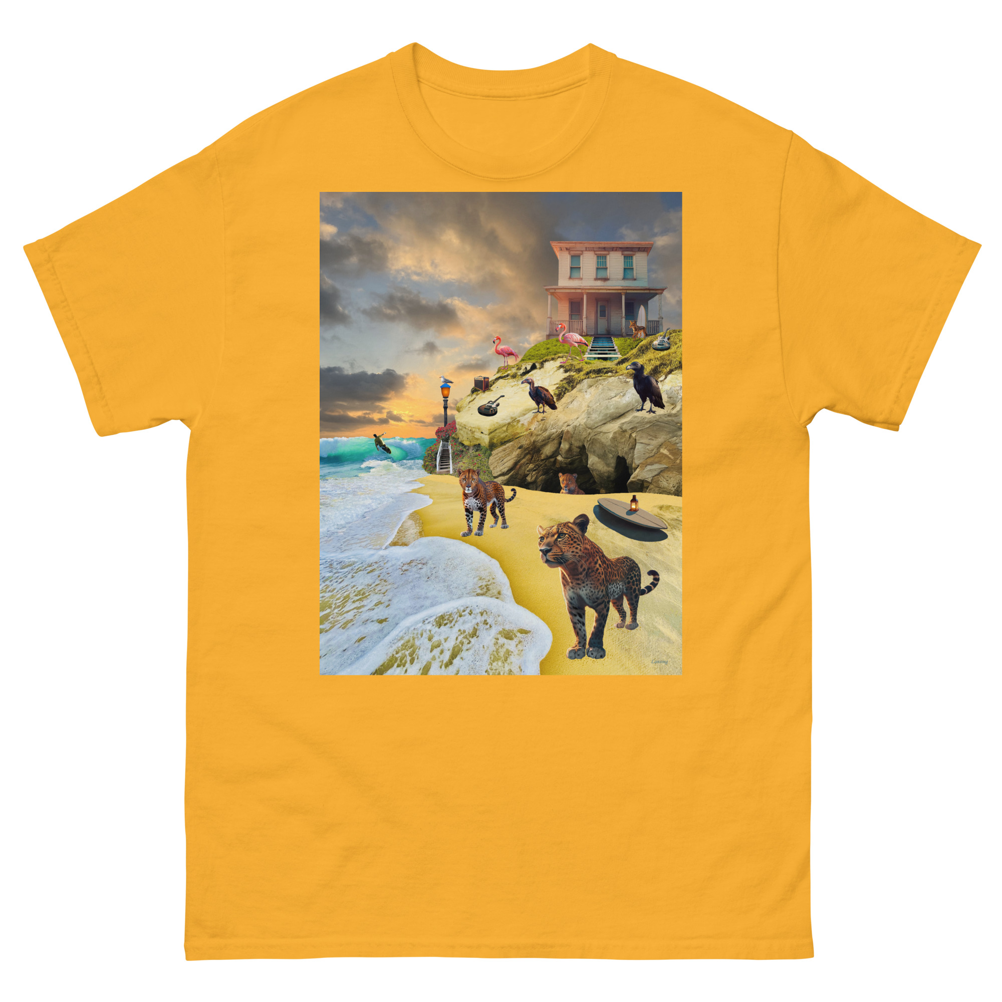 Surreal beach scene with animals and house