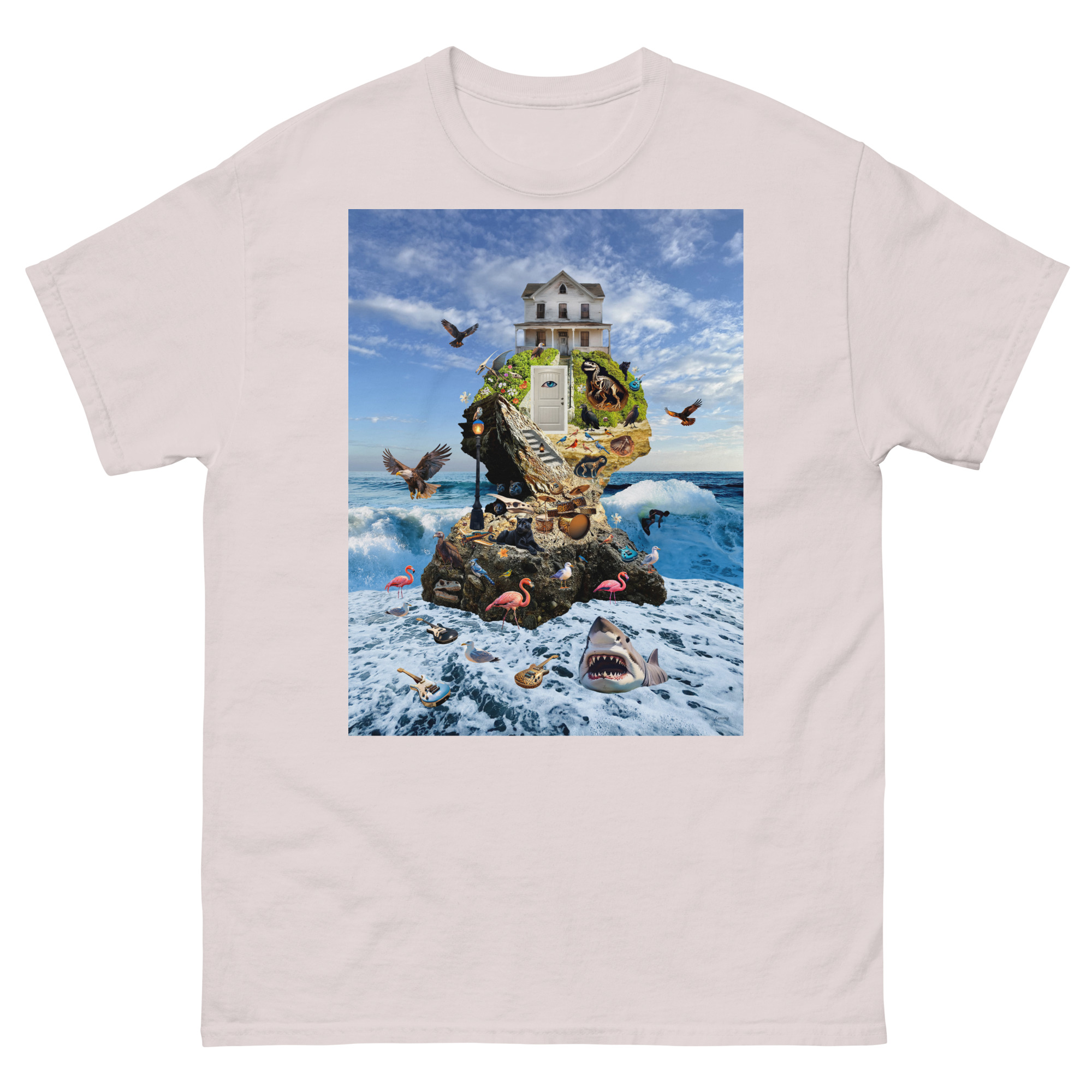 Surreal island collage with house and wildlife
