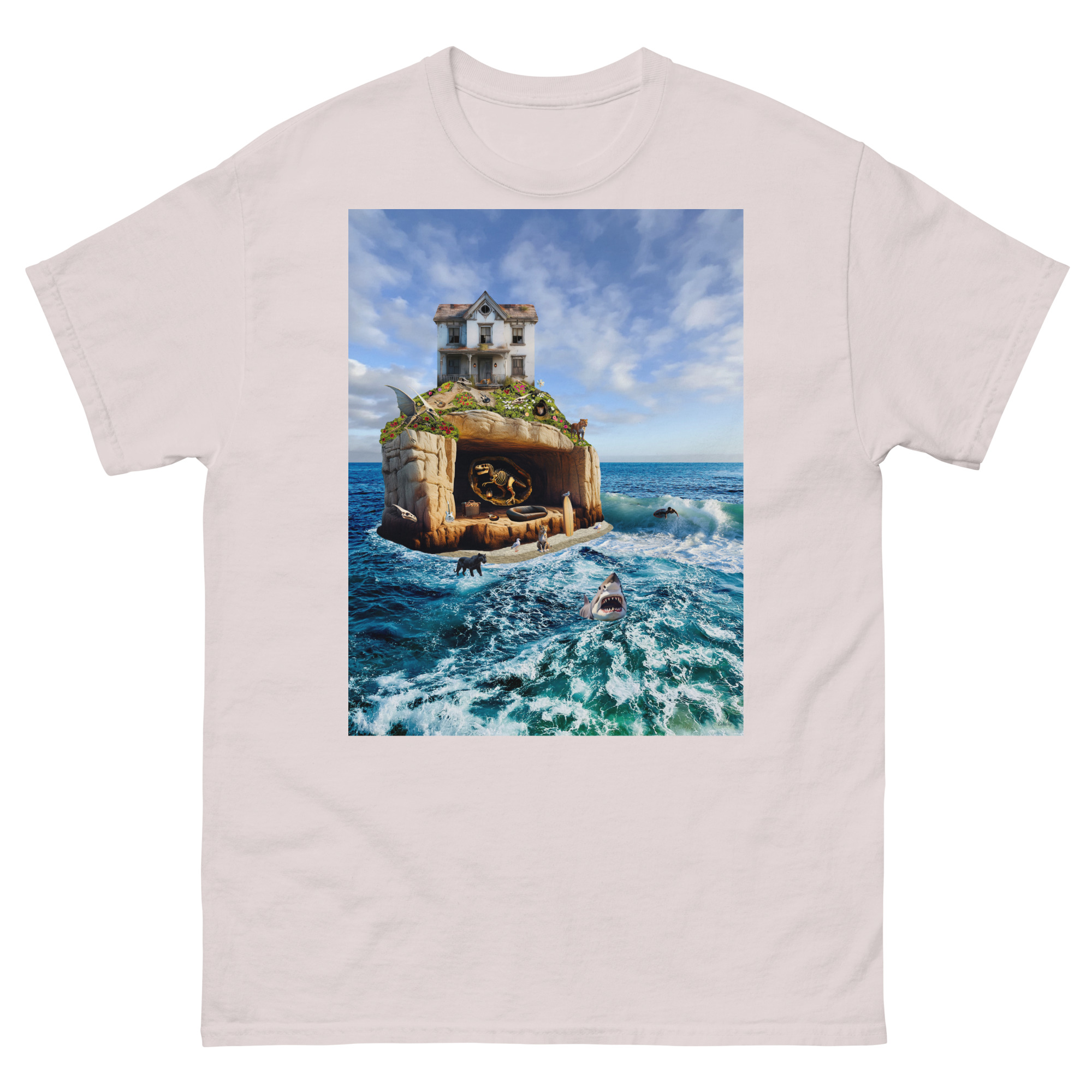 Surreal ocean island with house and boat