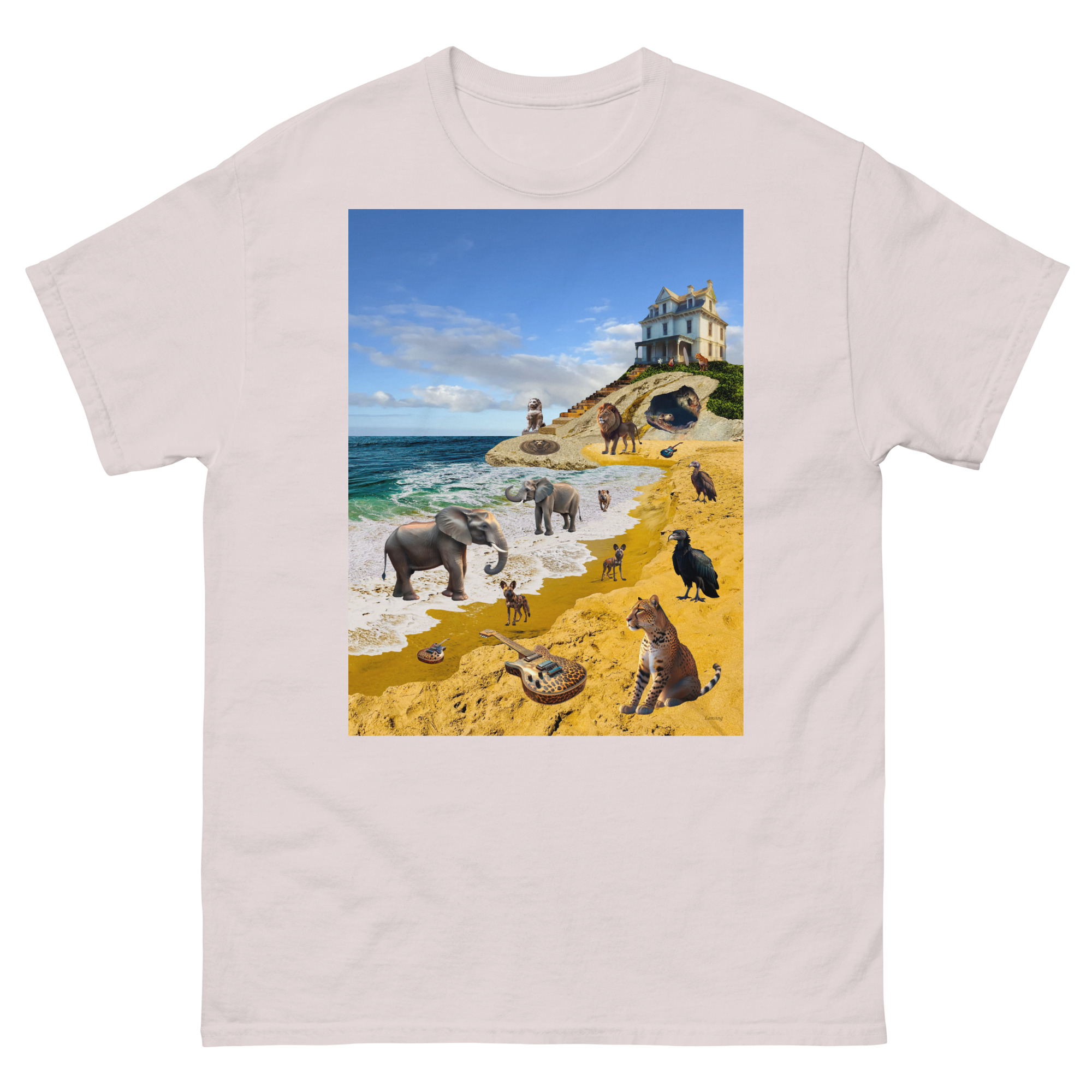 Surreal beach scene with animals and seaside house