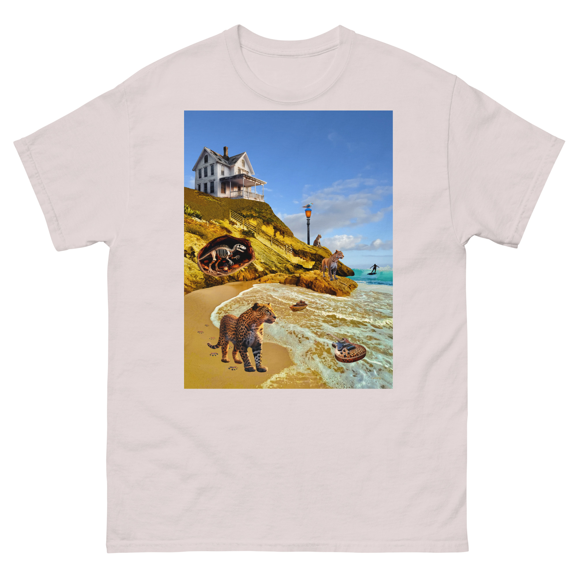 Beach scene with leopard and cliff house
