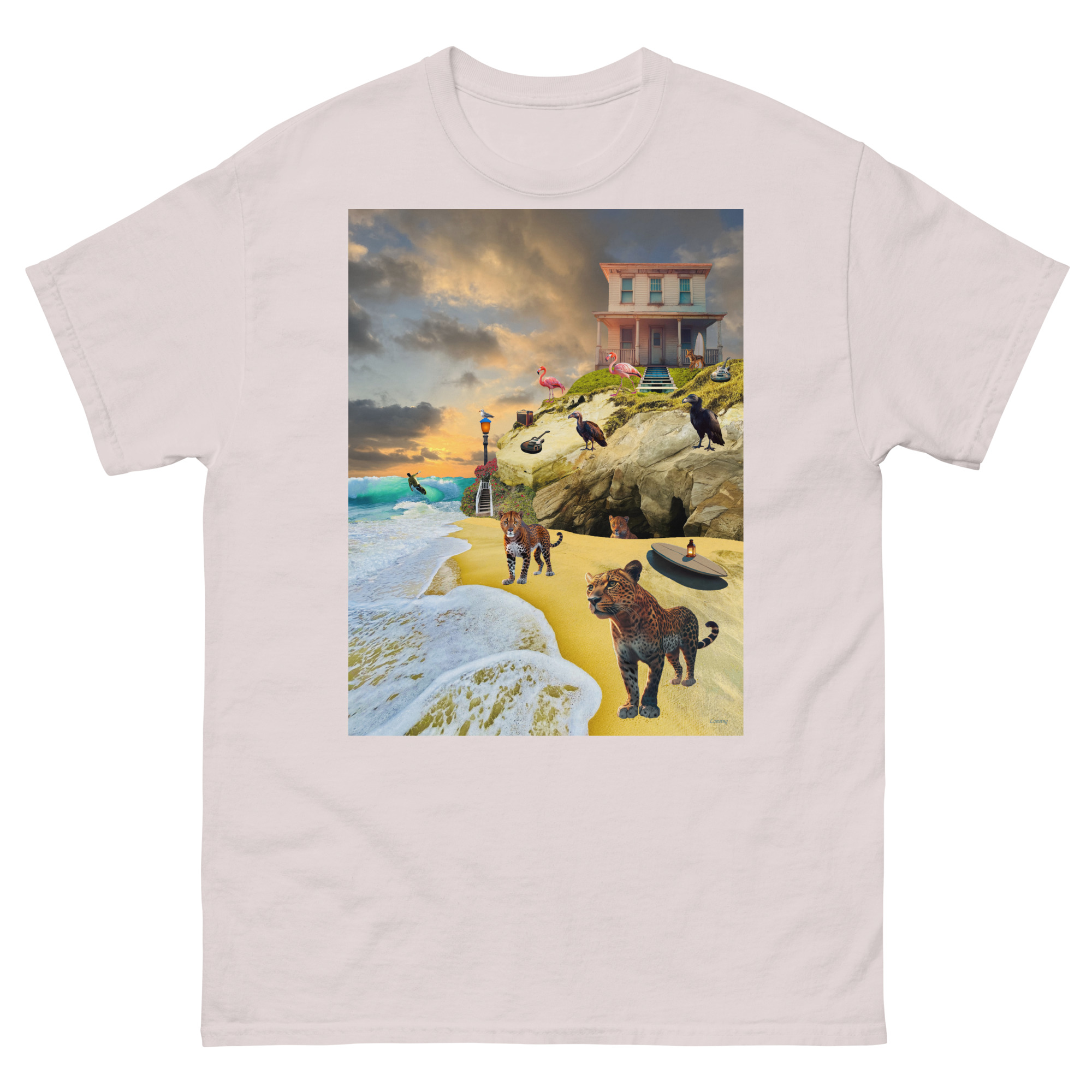 Surreal beach scene with animals and house