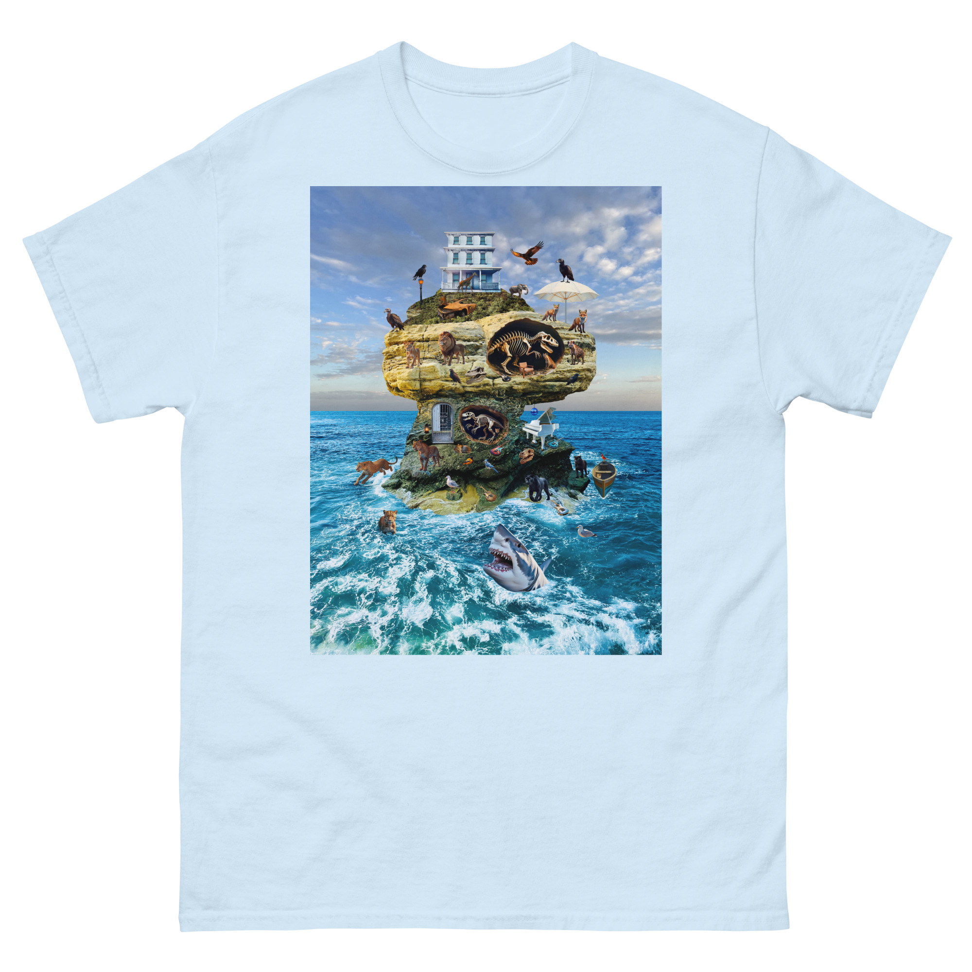 T-shirt with surreal floating island and shark
