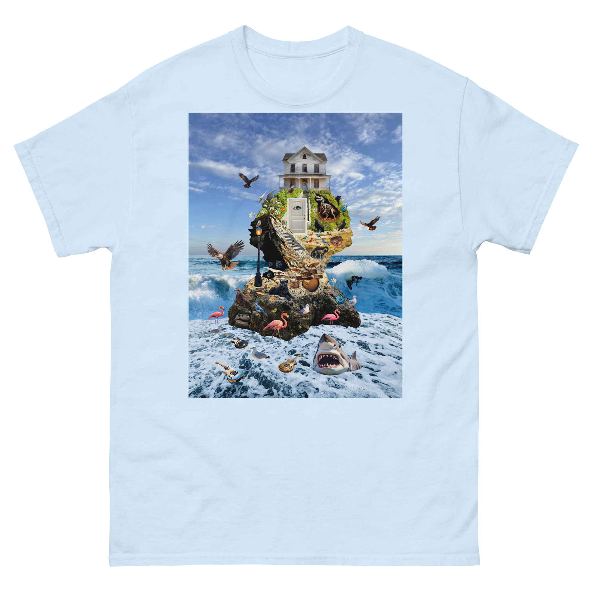 Light-blue t-shirt with surreal island collage