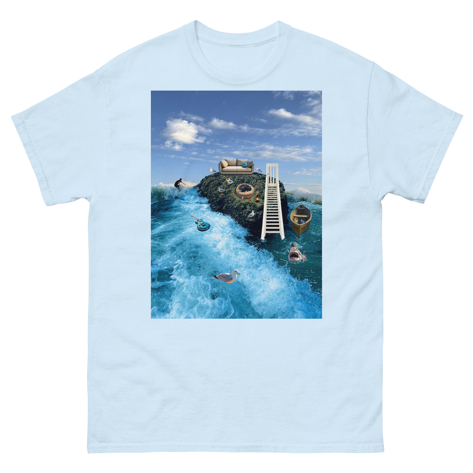 Light blue t-shirt with surreal island design