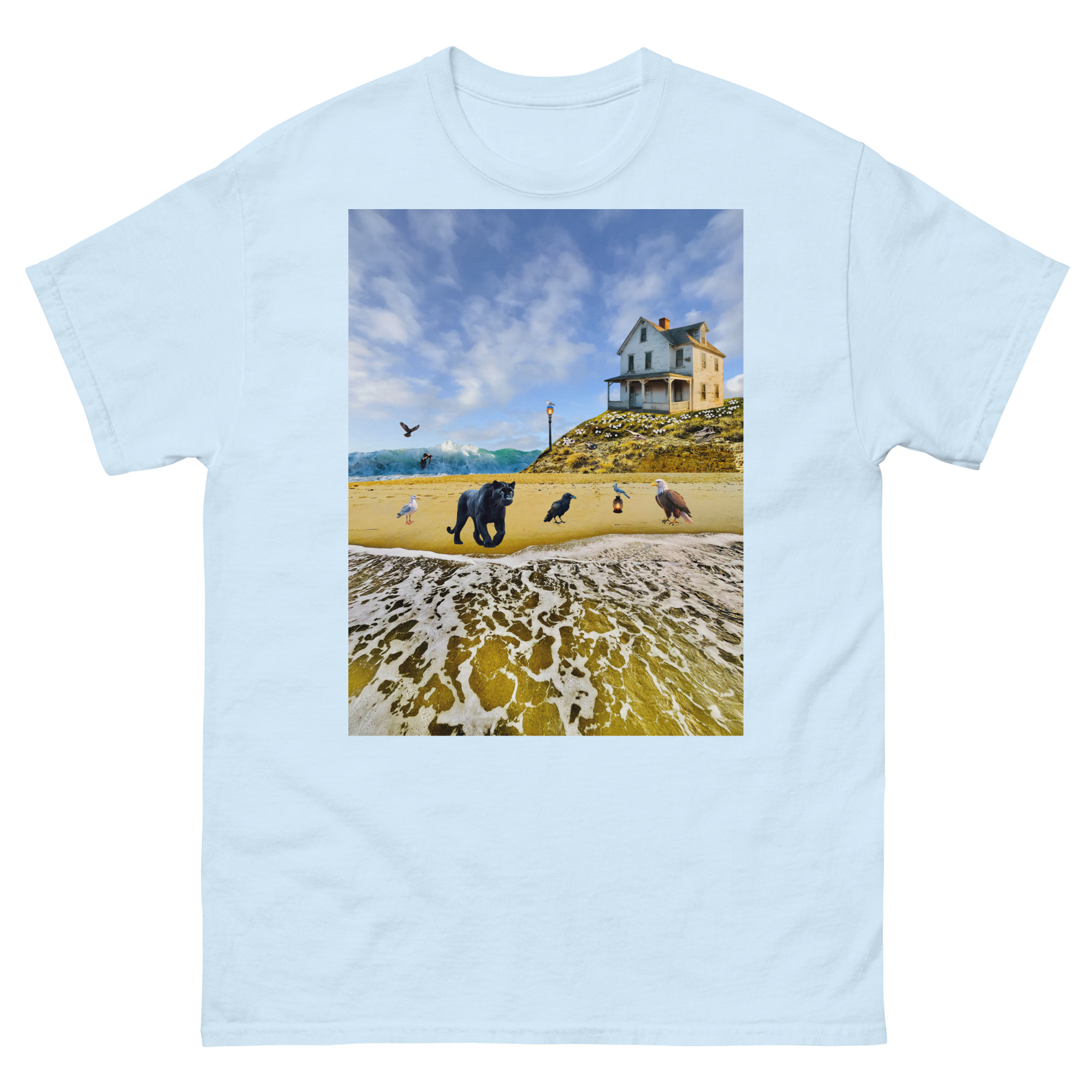 T-shirt with beach house, elephant, seabirds
