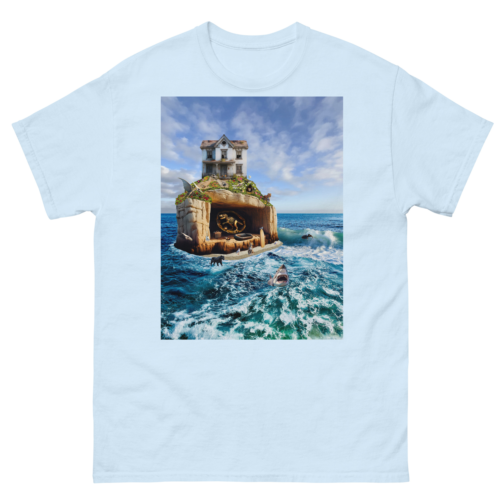 Surreal house on rocky island with boat