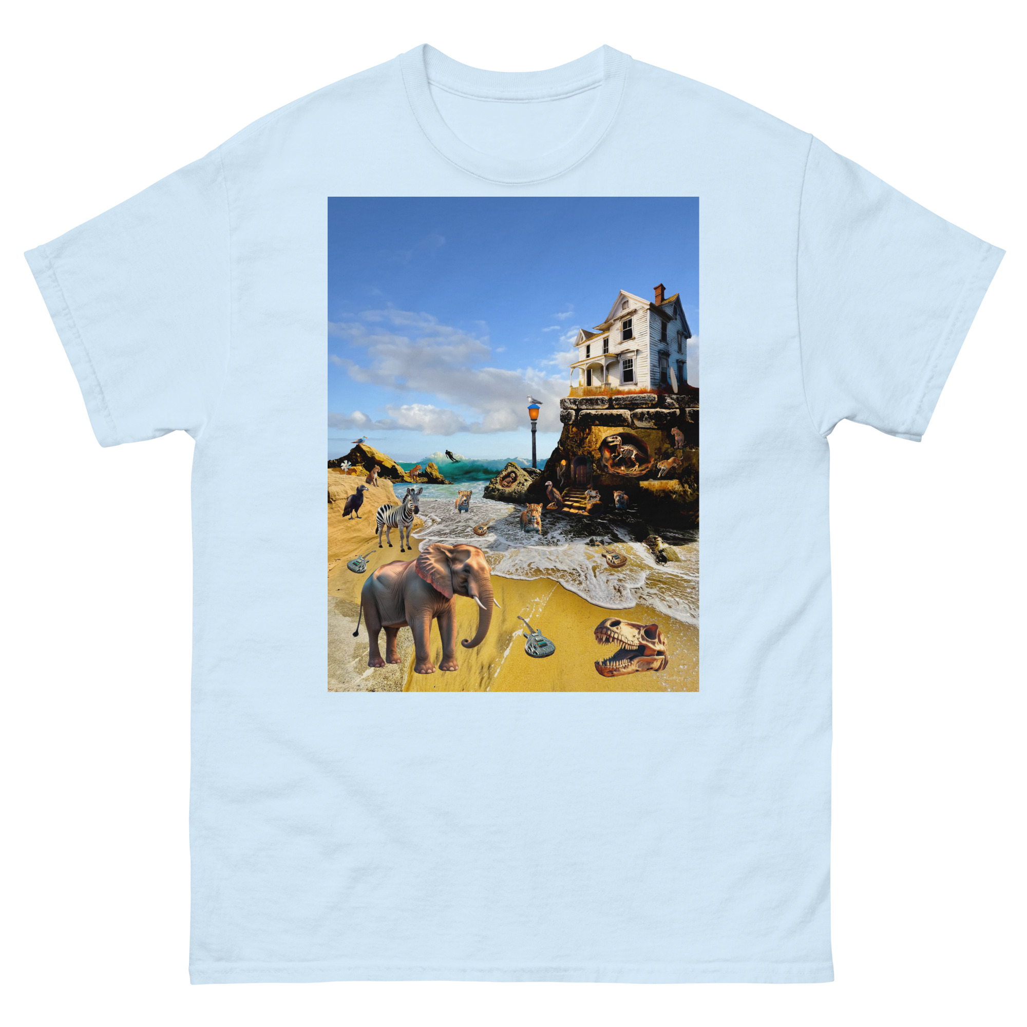 Surreal beach scene with elephants and house