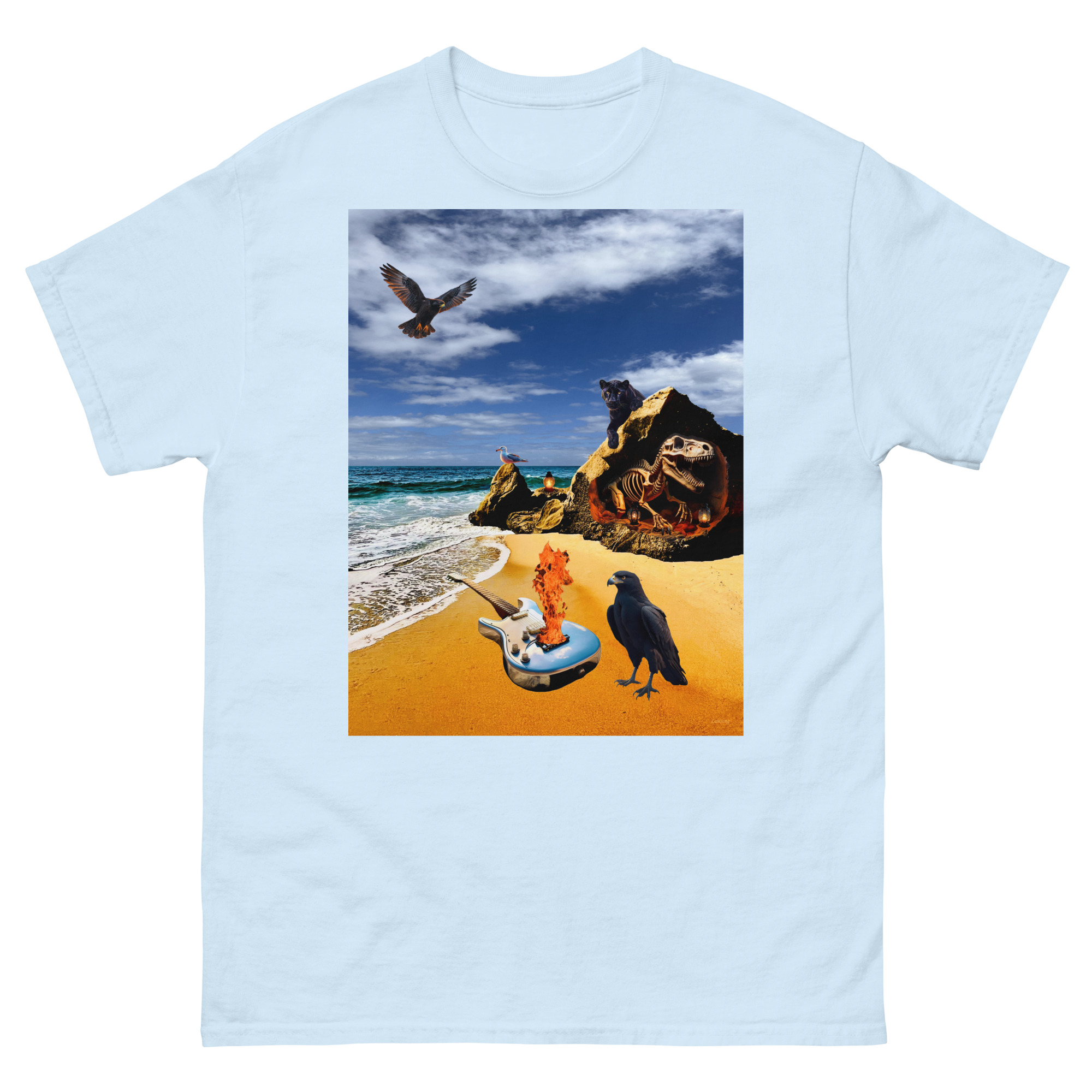 Surreal beach scene with birds and skull