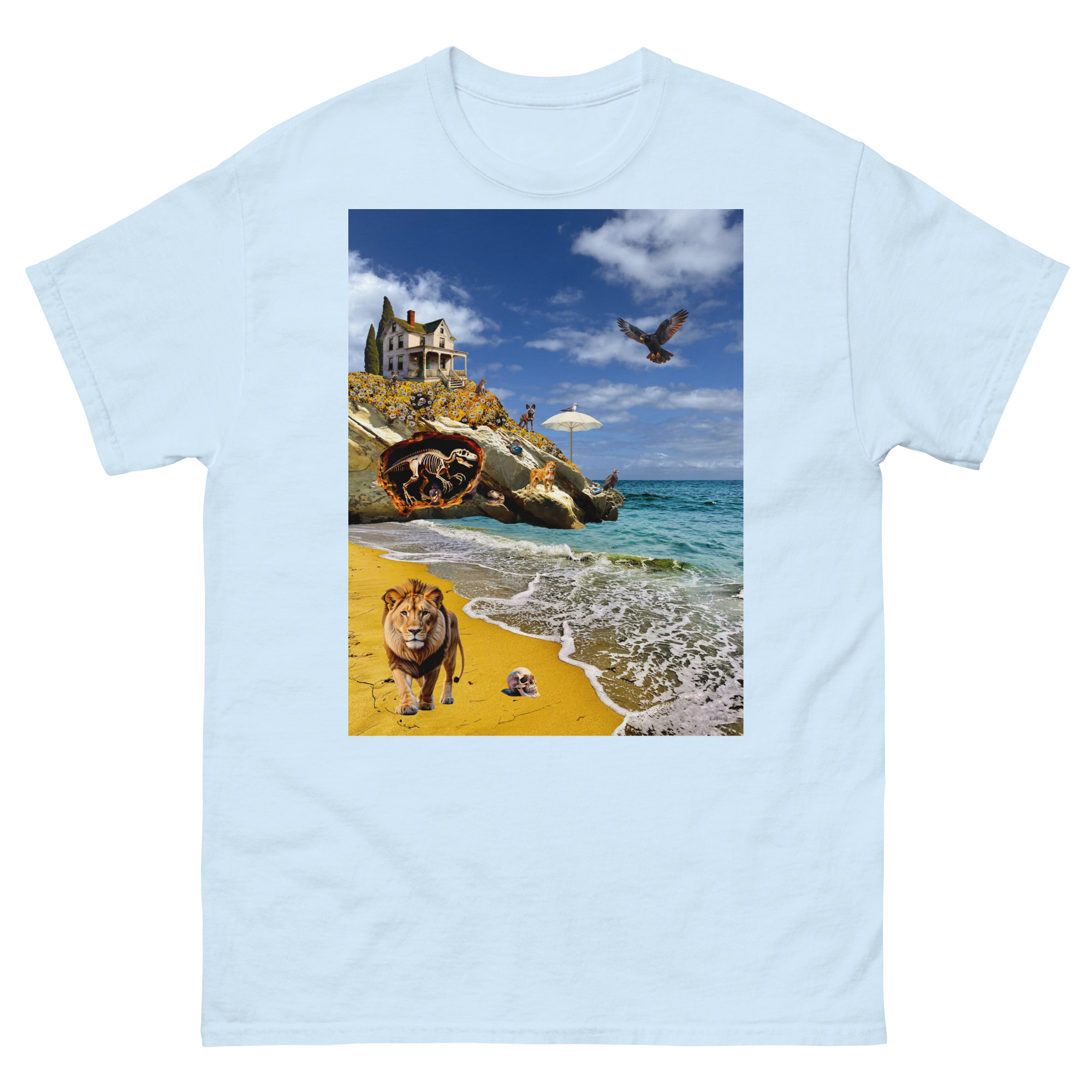 Surreal beach scene with lion and seaside mansion