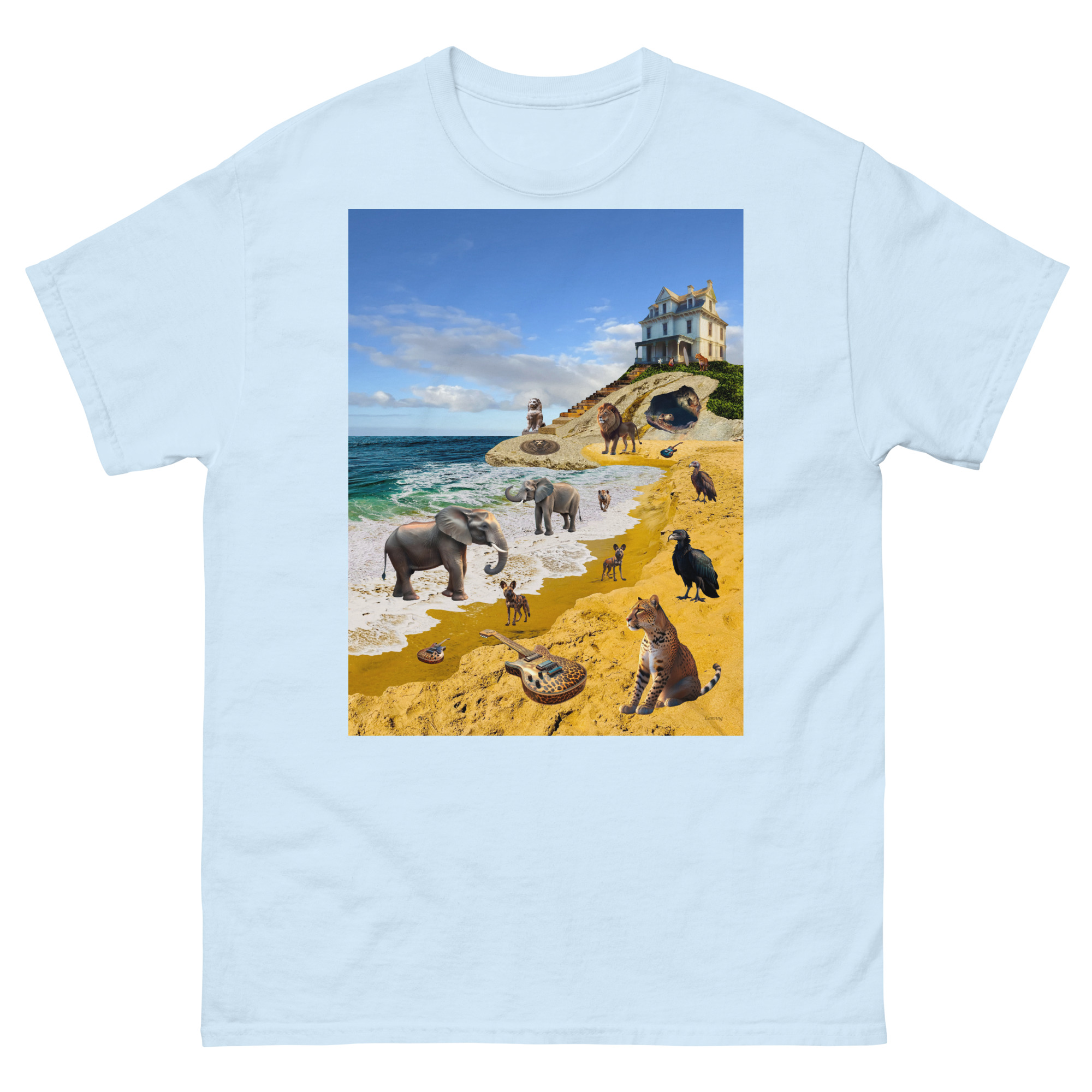 T-shirt print: animals on beach with mansion
