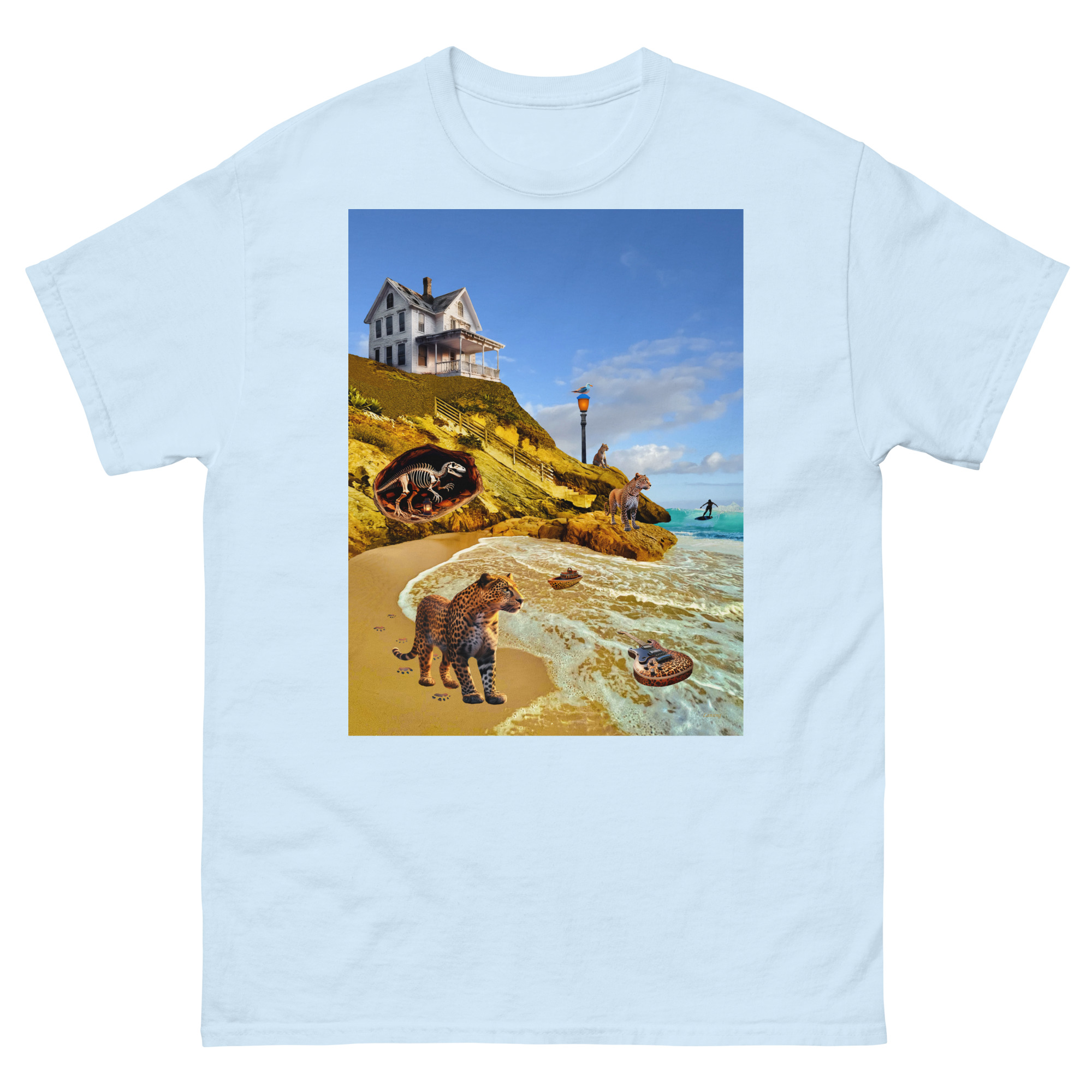 Blue T-shirt showing seaside house and raccoons