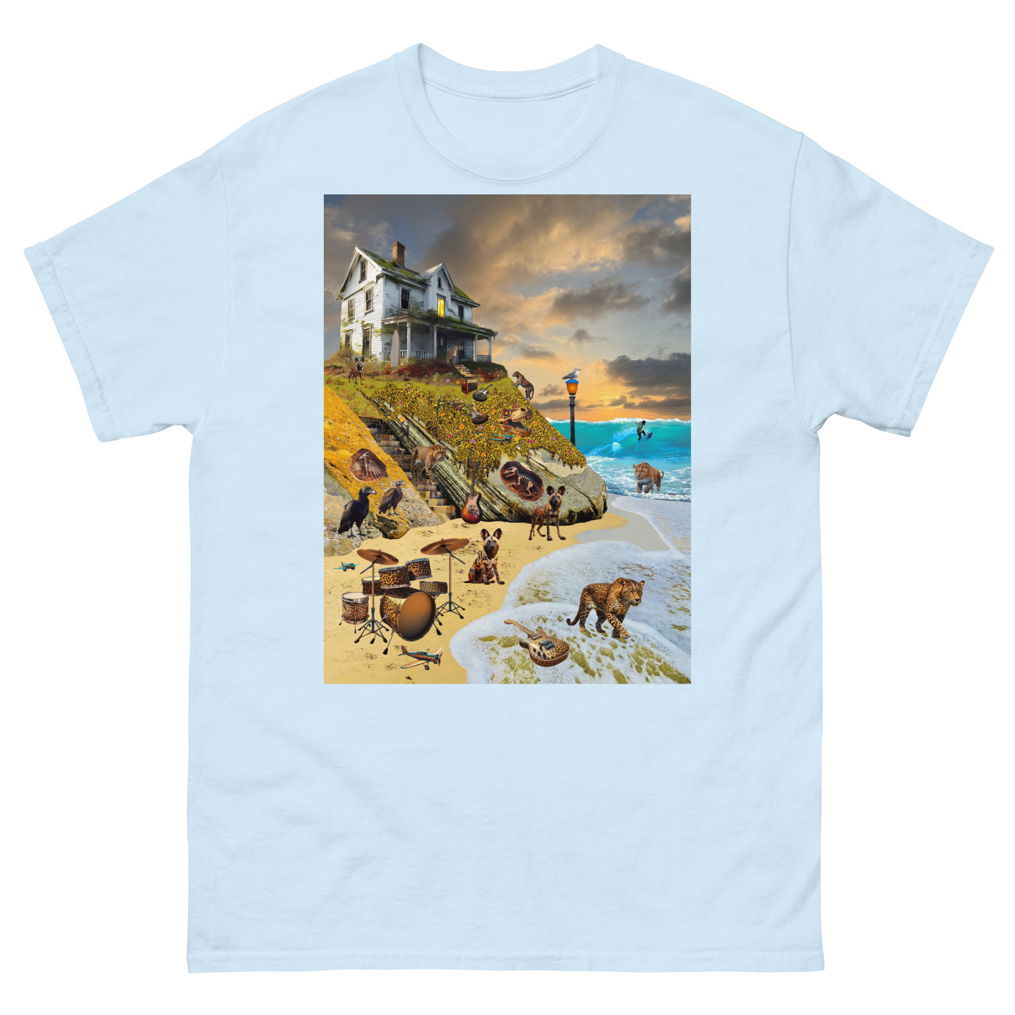 Surreal beach scene with house, animals, instruments