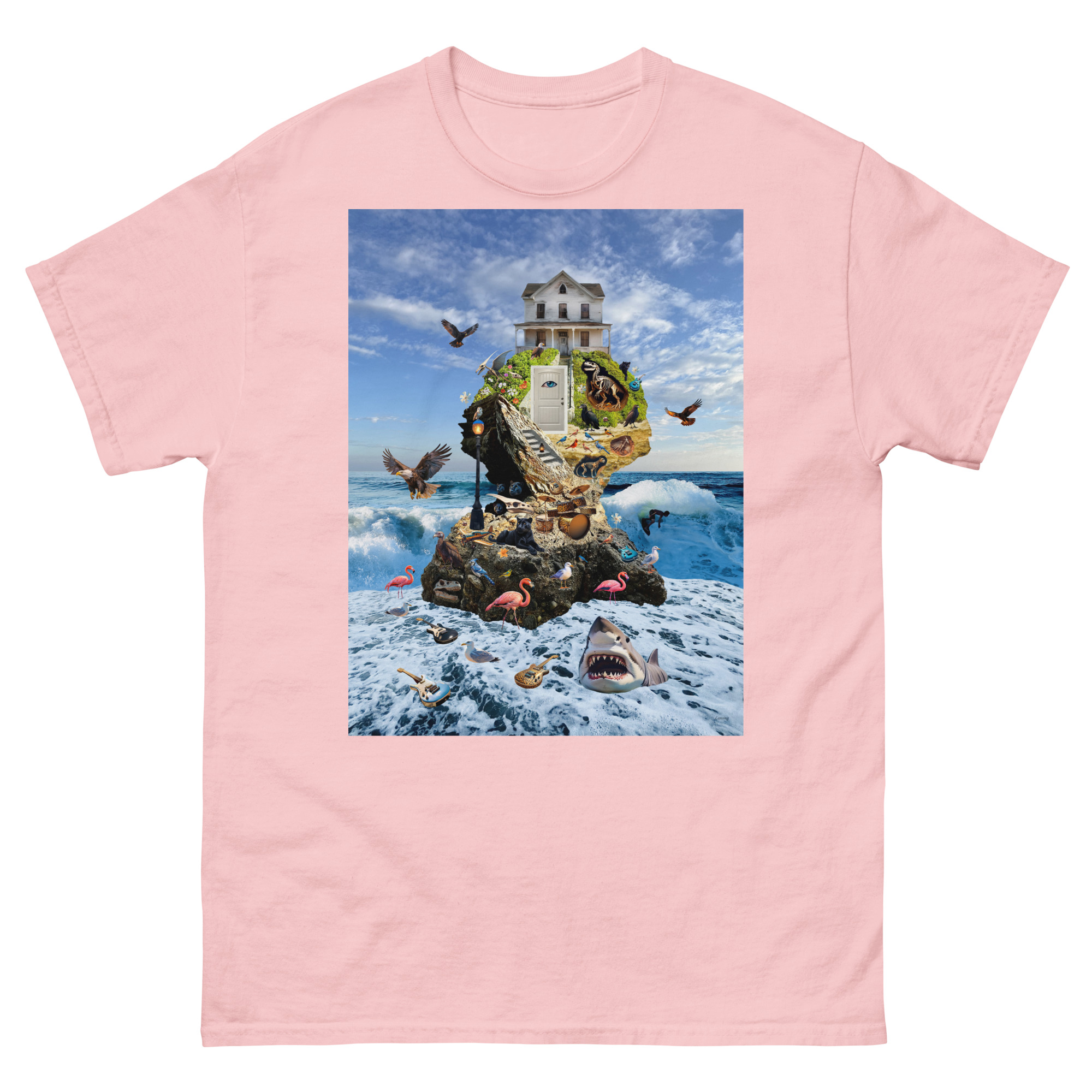 Surreal ocean island collage on pink T-shirt