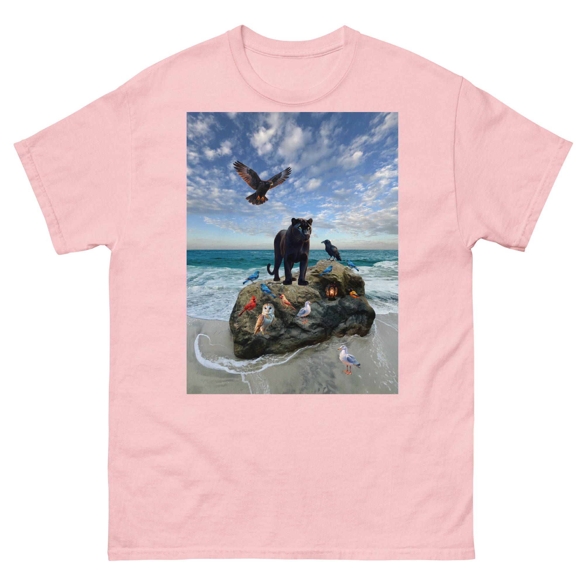 Pink T-shirt with panther on beach rock