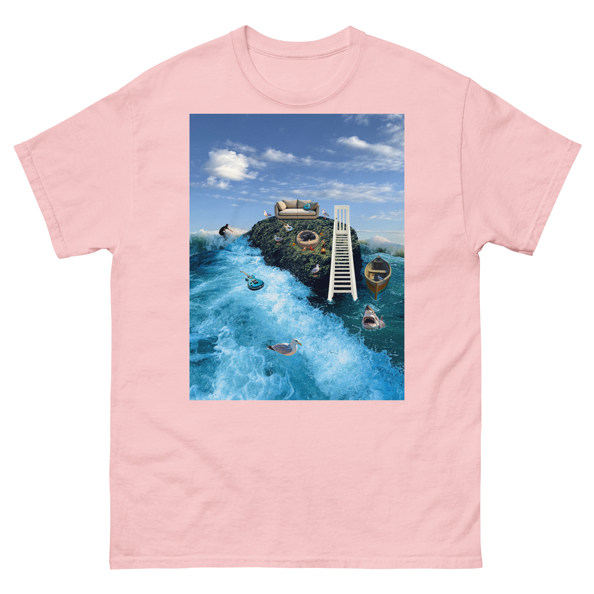 Pink T-shirt with surreal island and waves