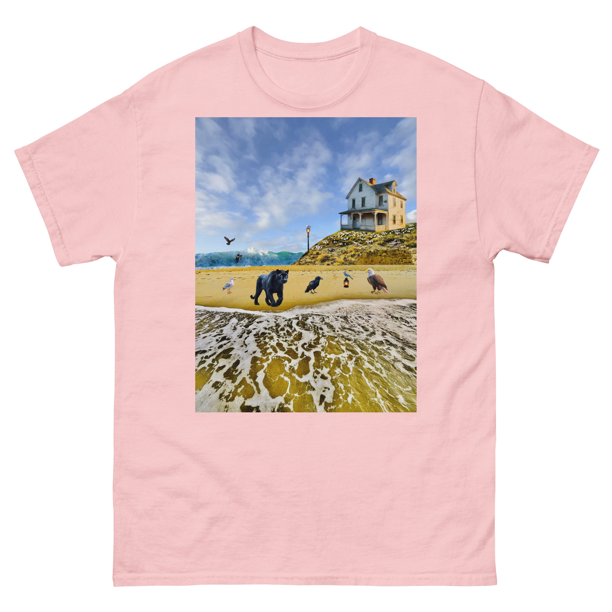 Pink T-shirt featuring beach house and animals