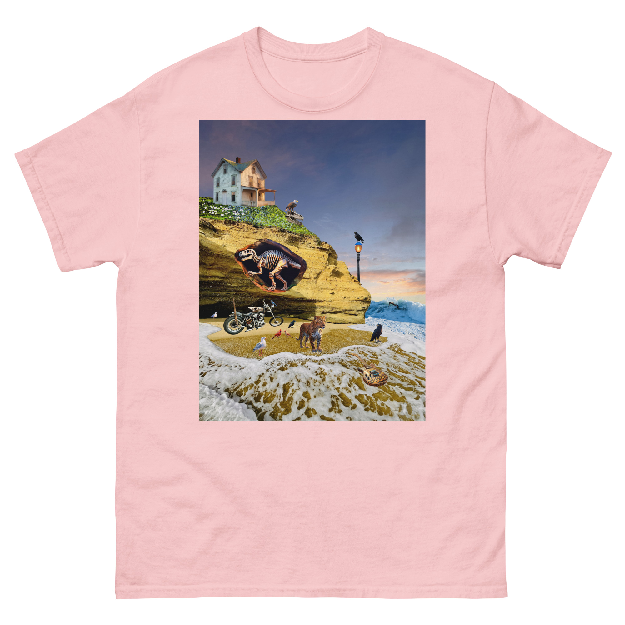 Pink t-shirt featuring surreal seaside collage