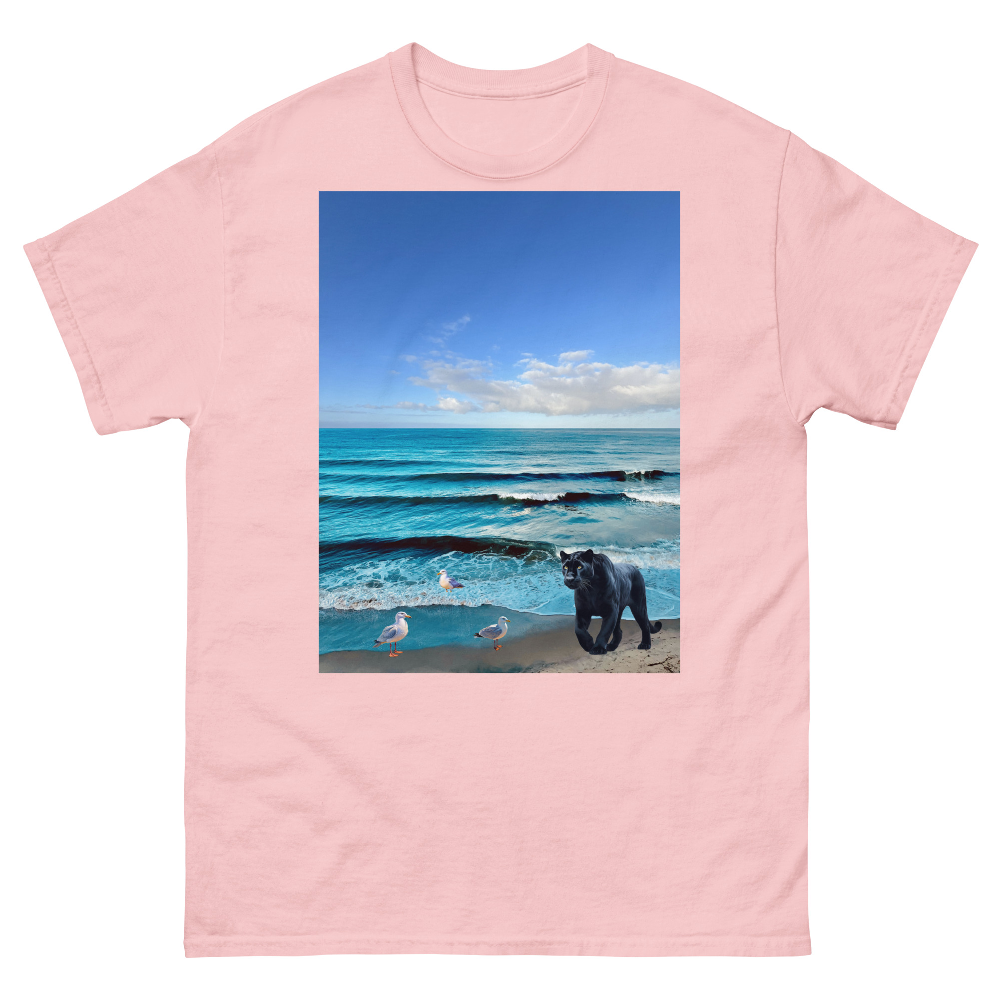 Pink T-shirt with beach scene, black dog