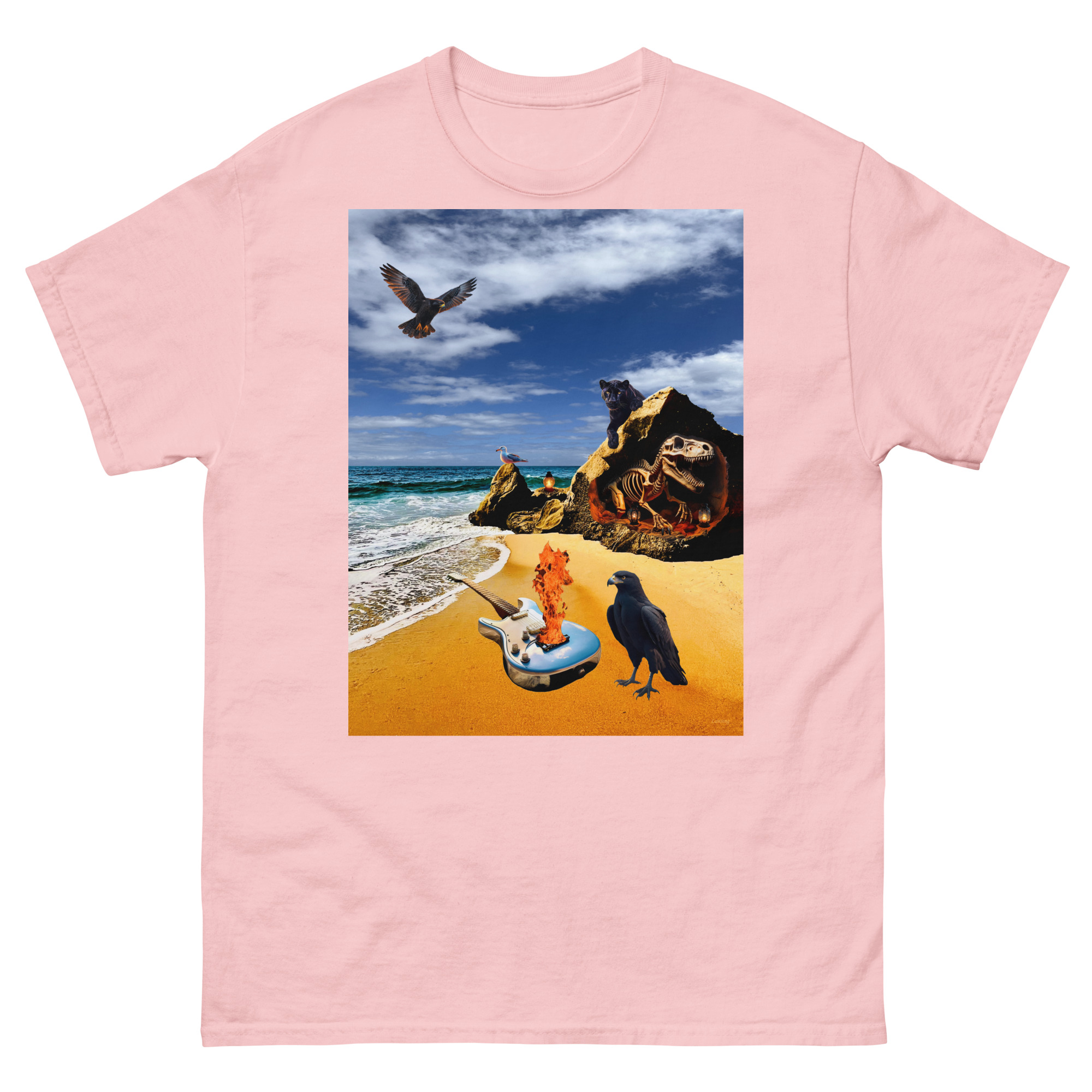 Surreal beach collage with birds and skulls
