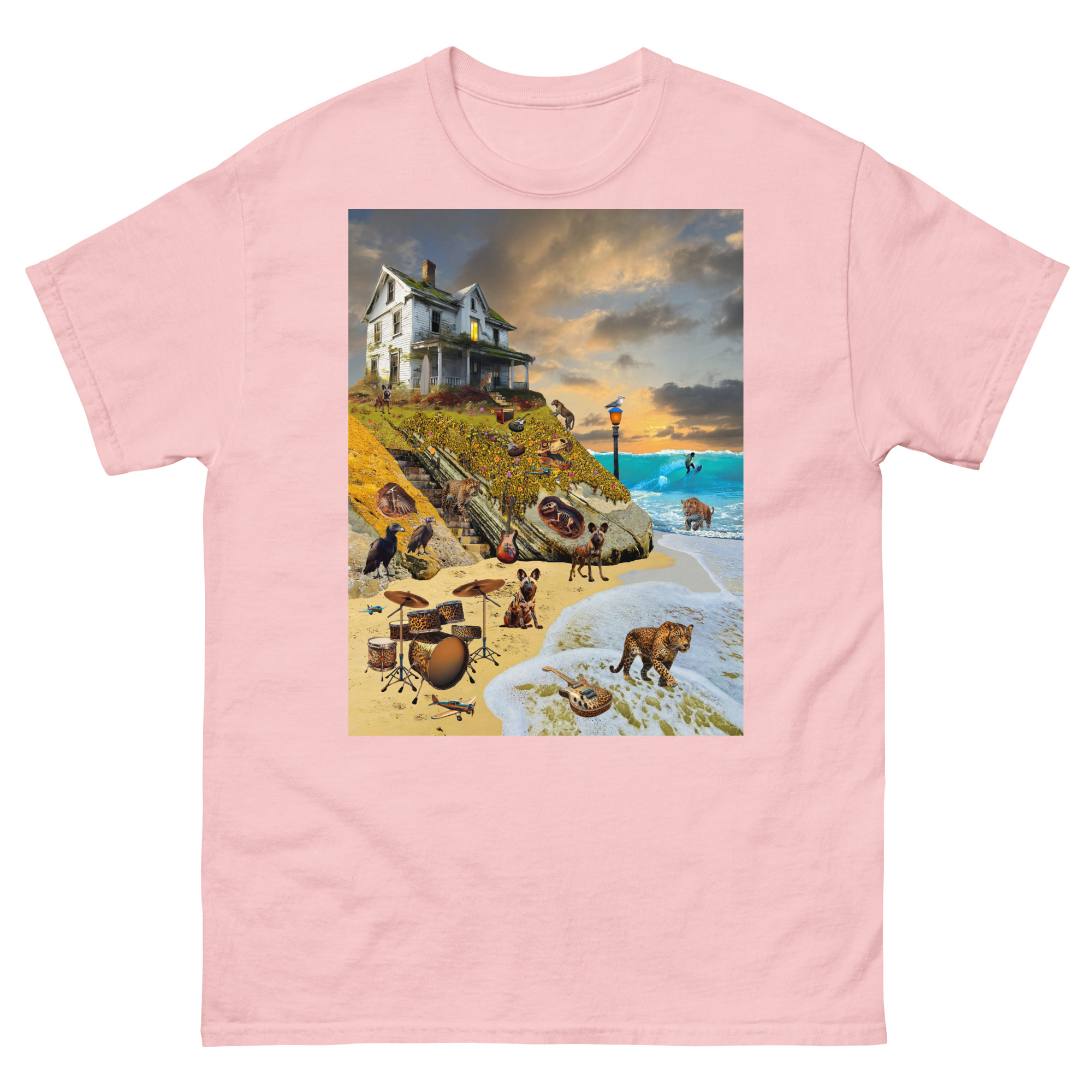 Surreal beach scene with house and animals