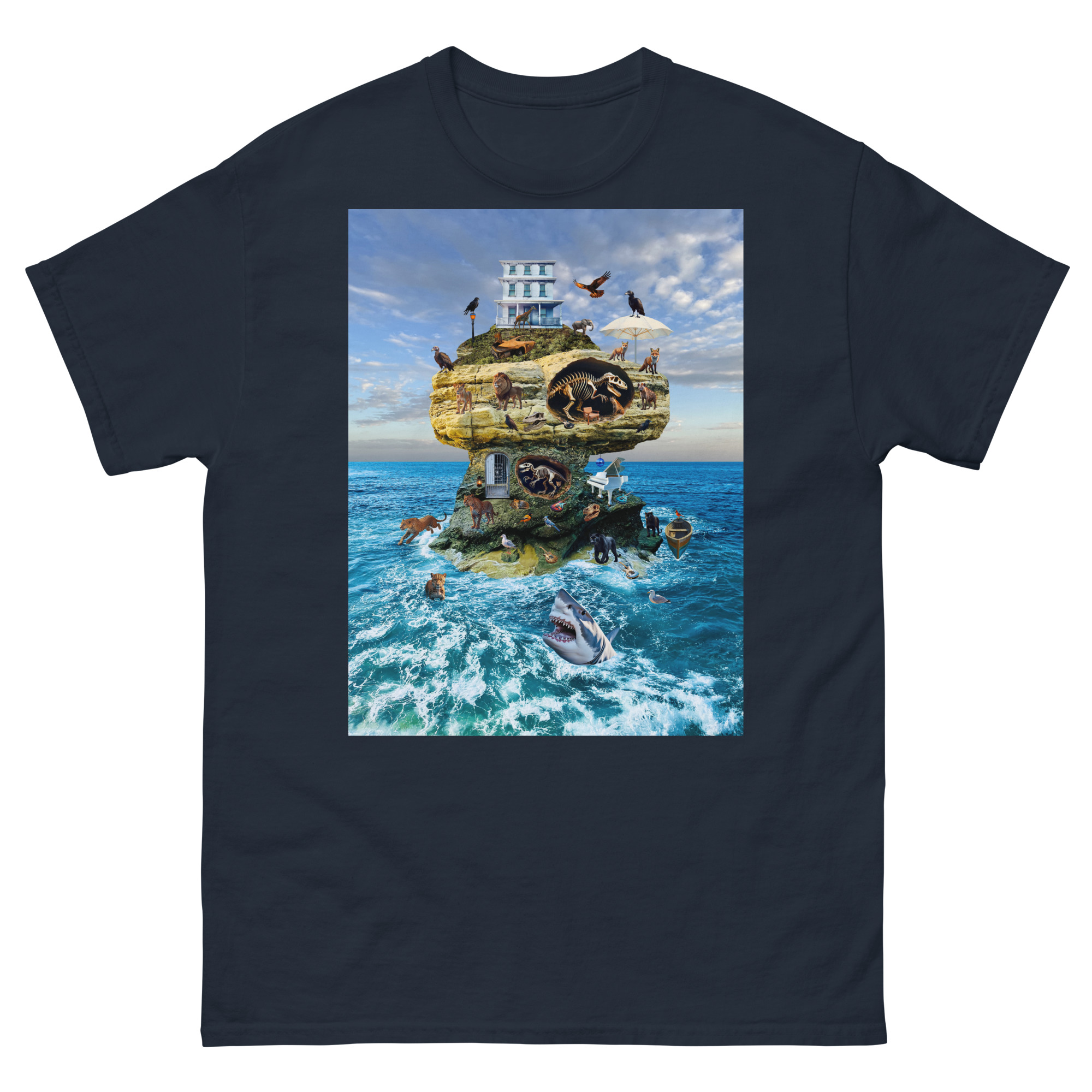 T-shirt with surreal floating island and shark