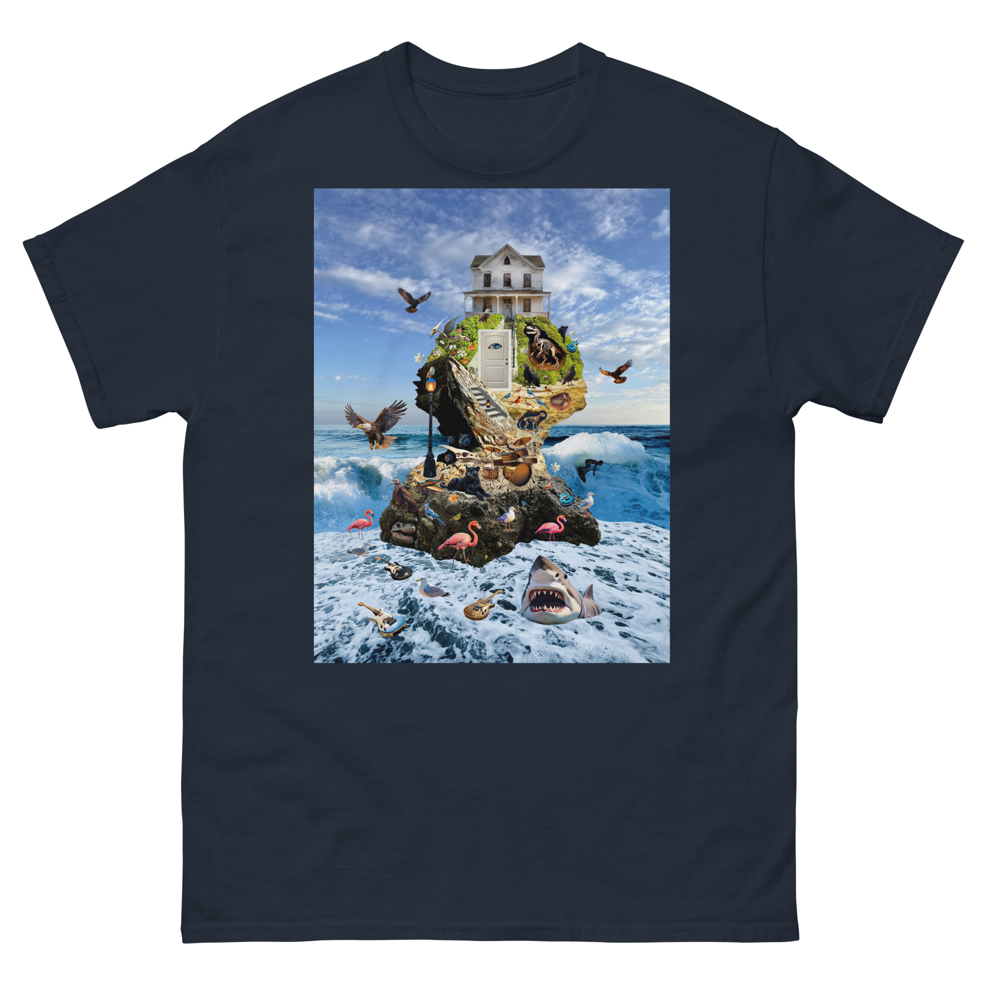 Navy t-shirt with surreal island collage