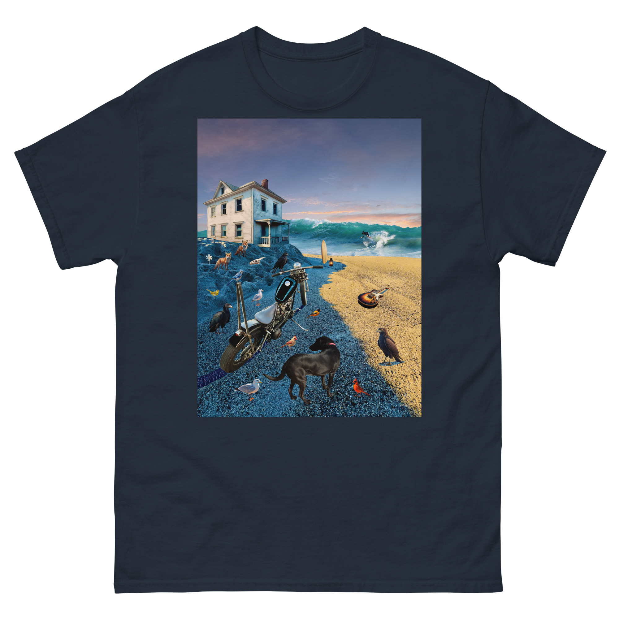 Surreal beach t-shirt design with house, motorcycle