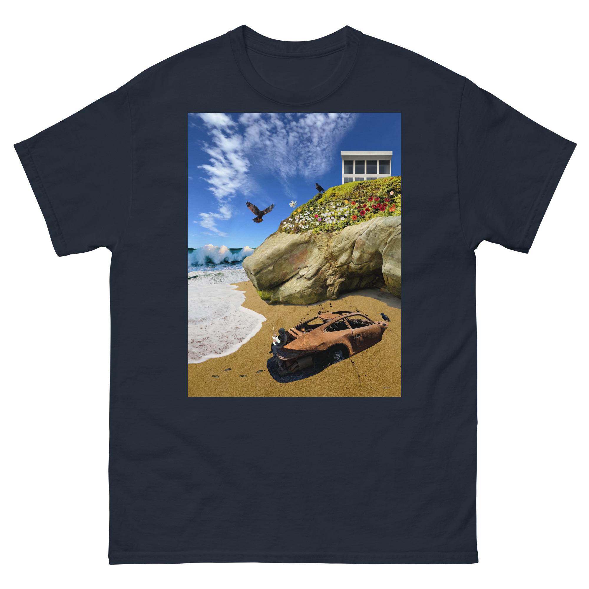 Beach scene t-shirt with rusted car