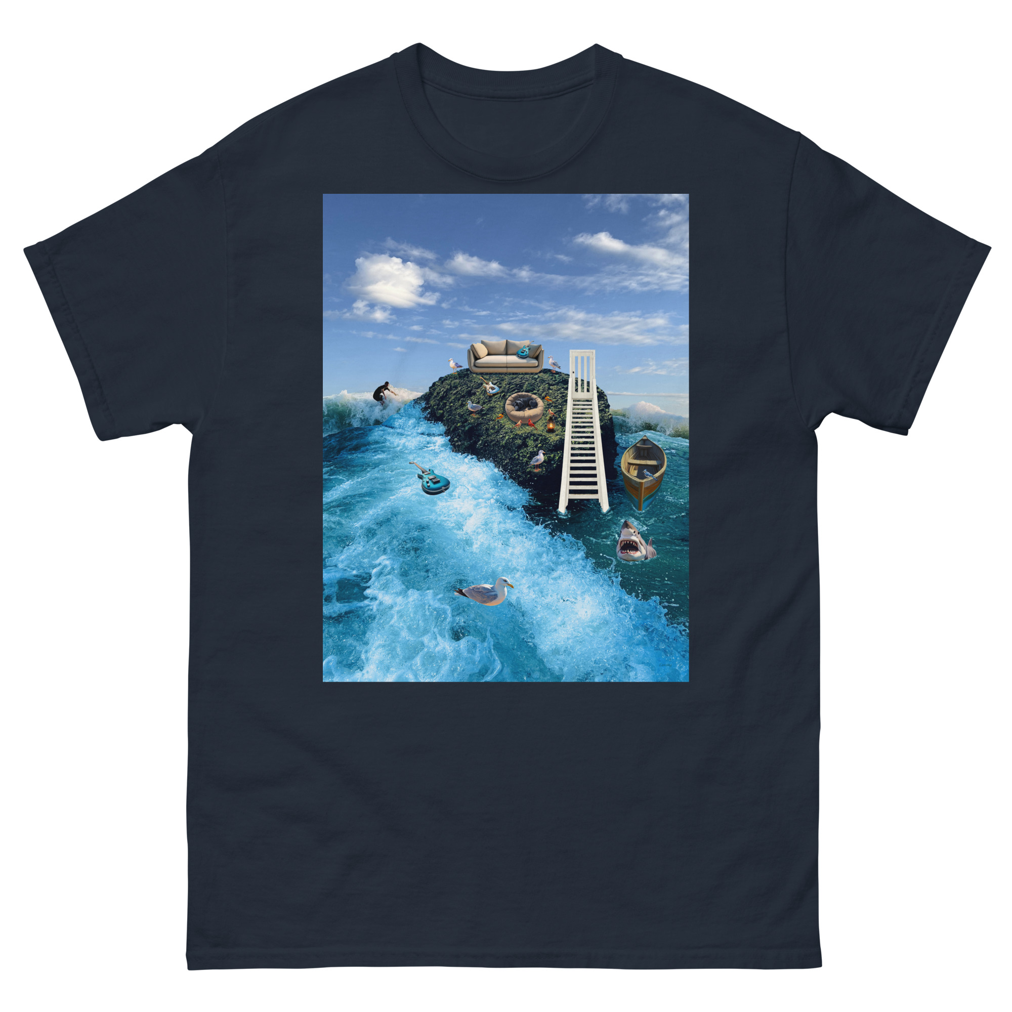 Surreal island with staircase, waves, and boats