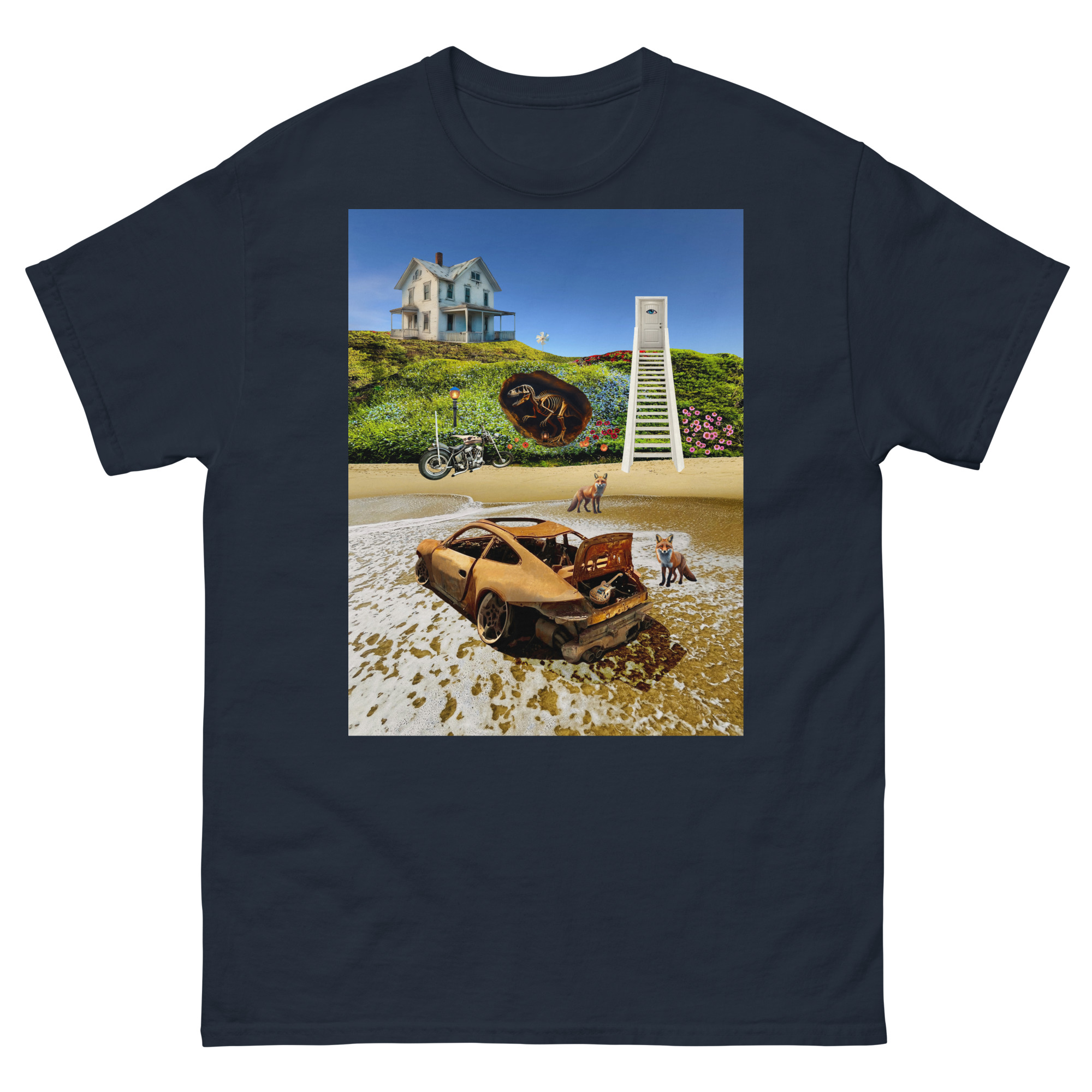 T-shirt featuring surreal beach scene with wrecked car