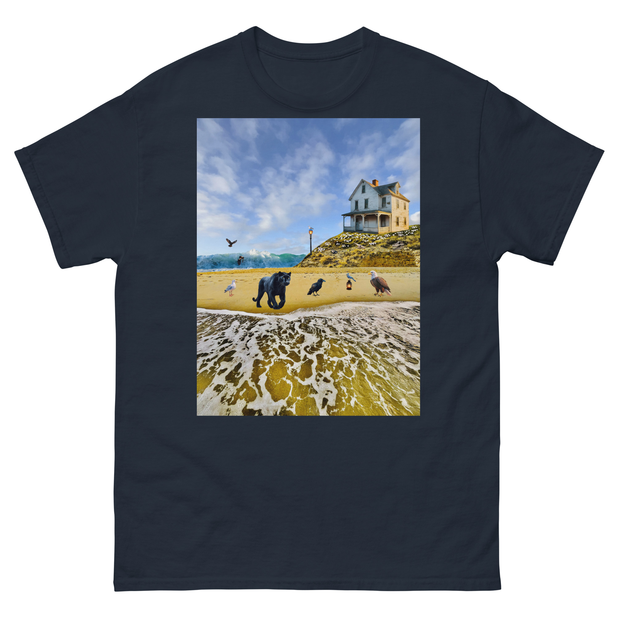 Elephant and birds on beach near house