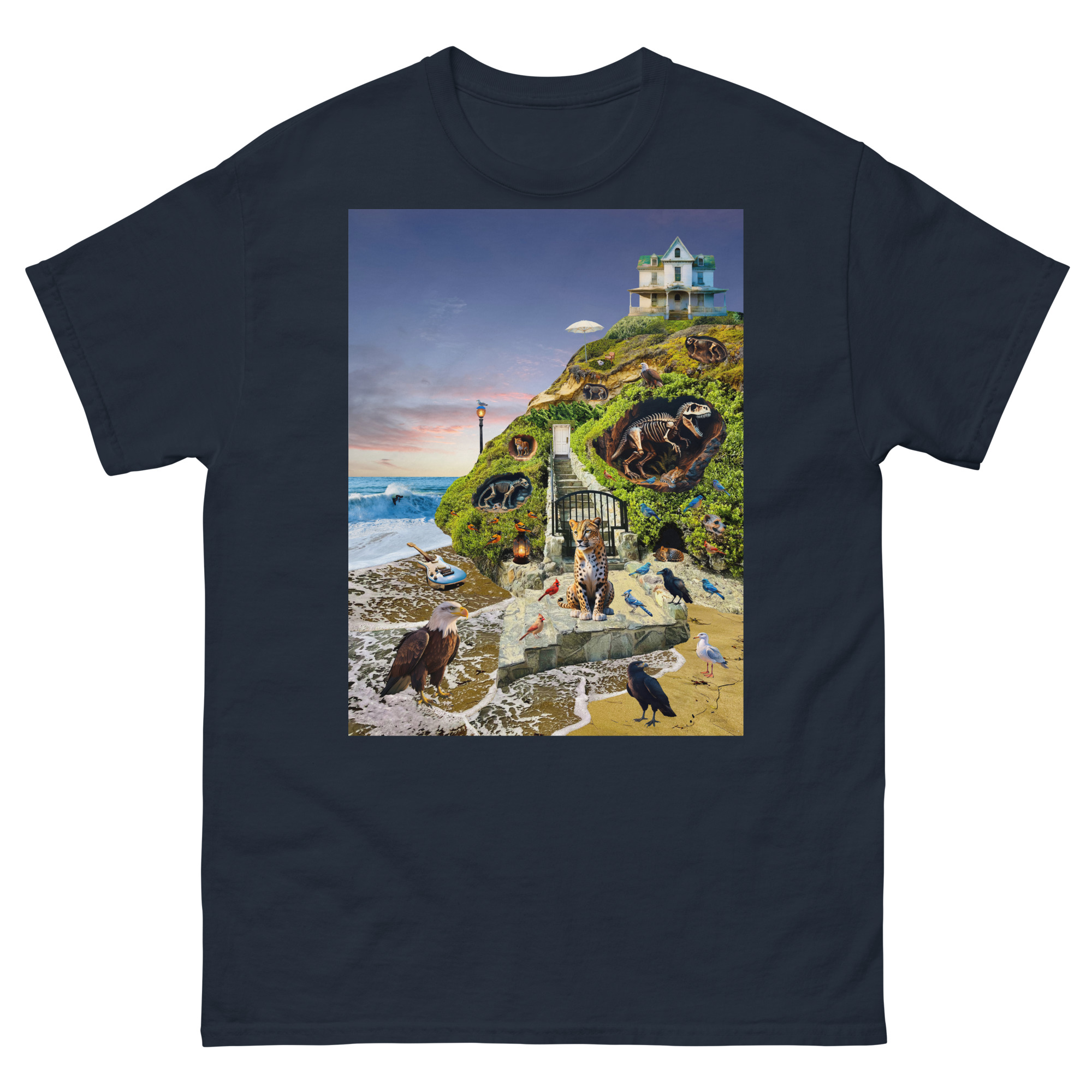 Seaside hill with house and wildlife