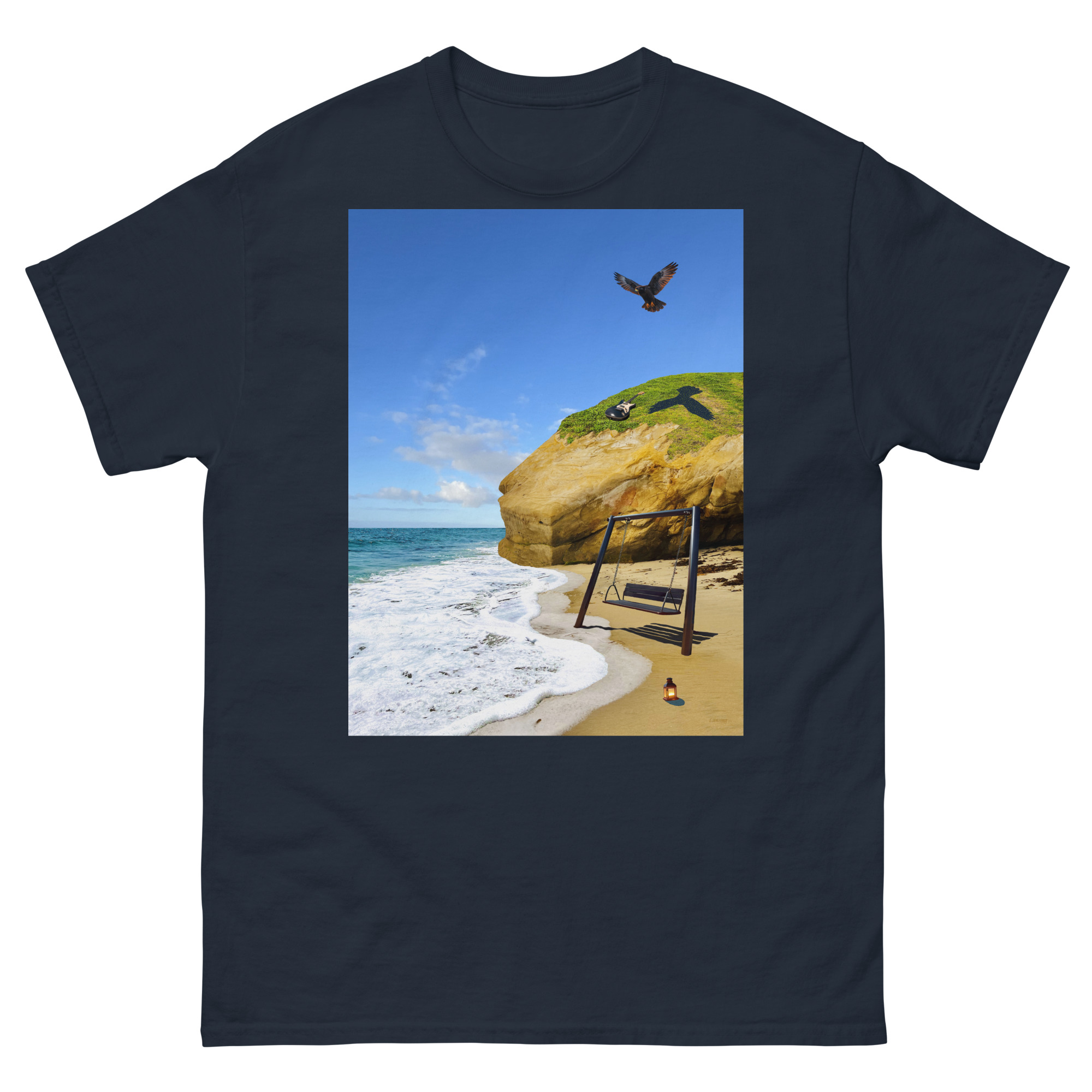 Beach scene with cliff, swing, and seagull