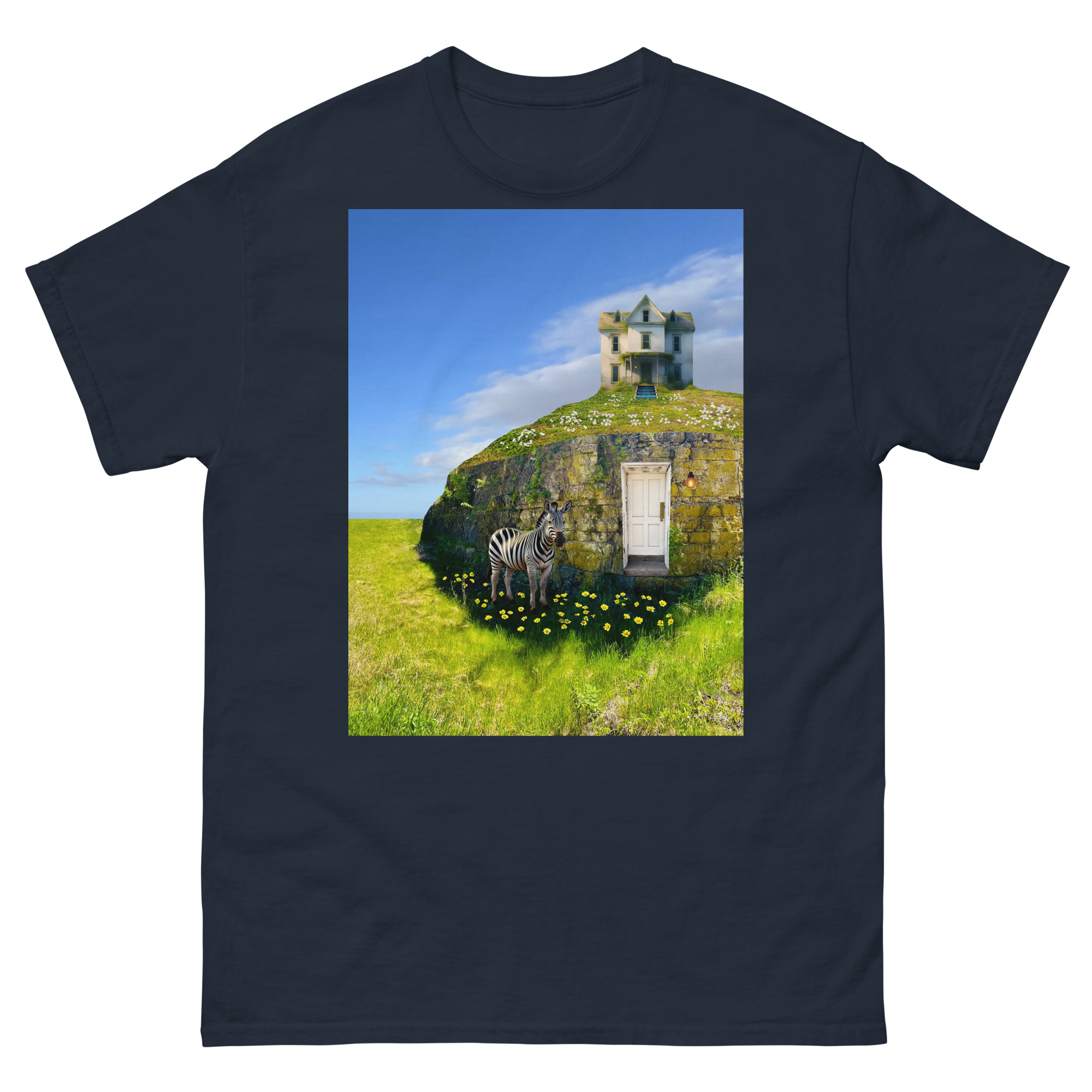 Surreal grassy mound with zebra and house