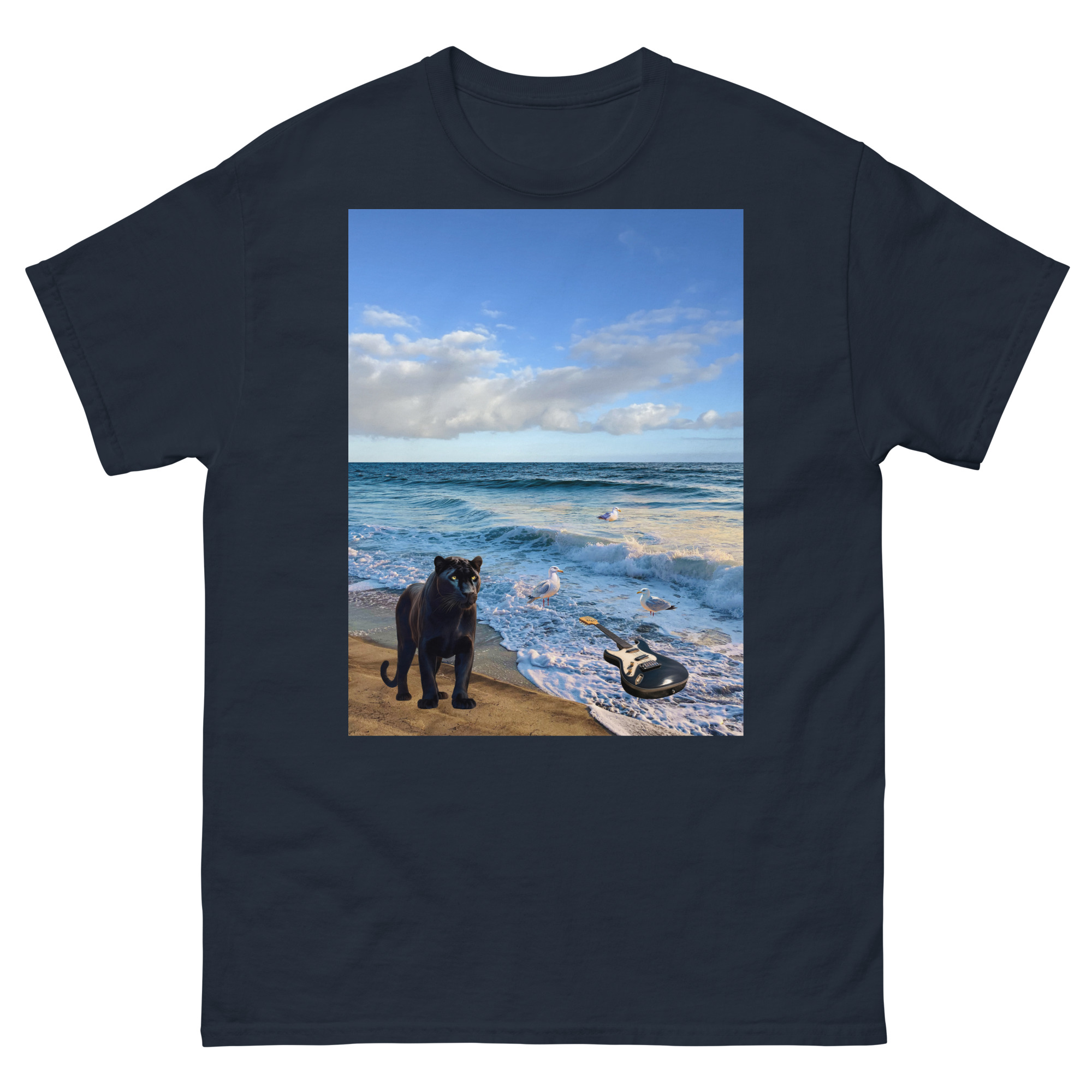 Black panther on sandy beach by ocean