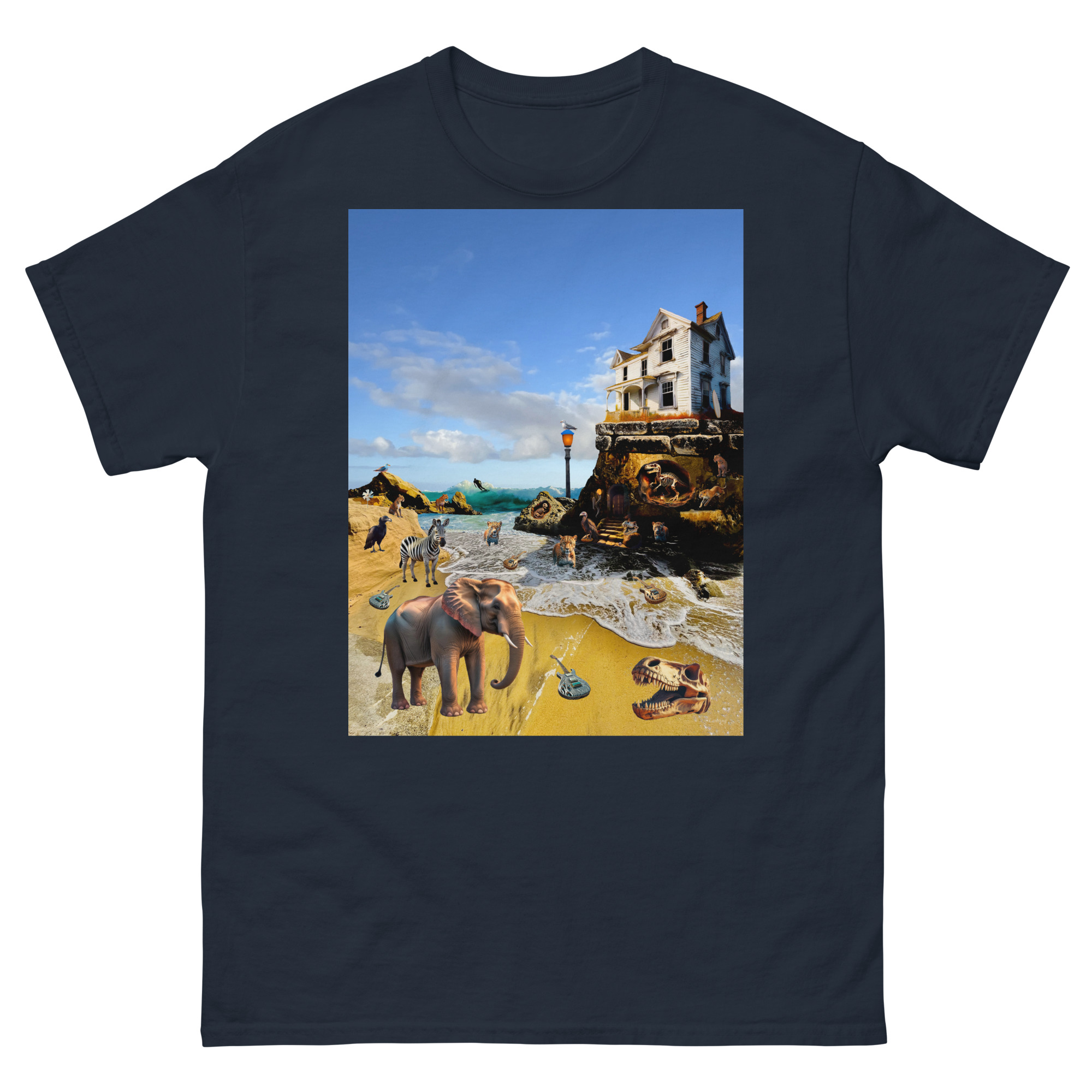 Surreal beach scene with elephants and house