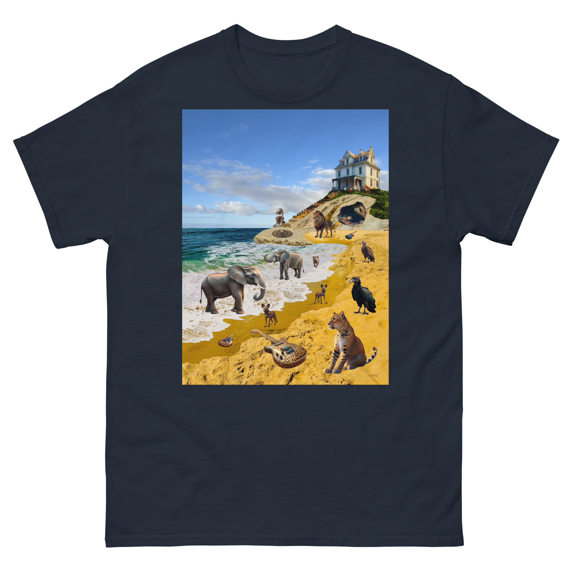 Surreal beach scene with animals and mansion