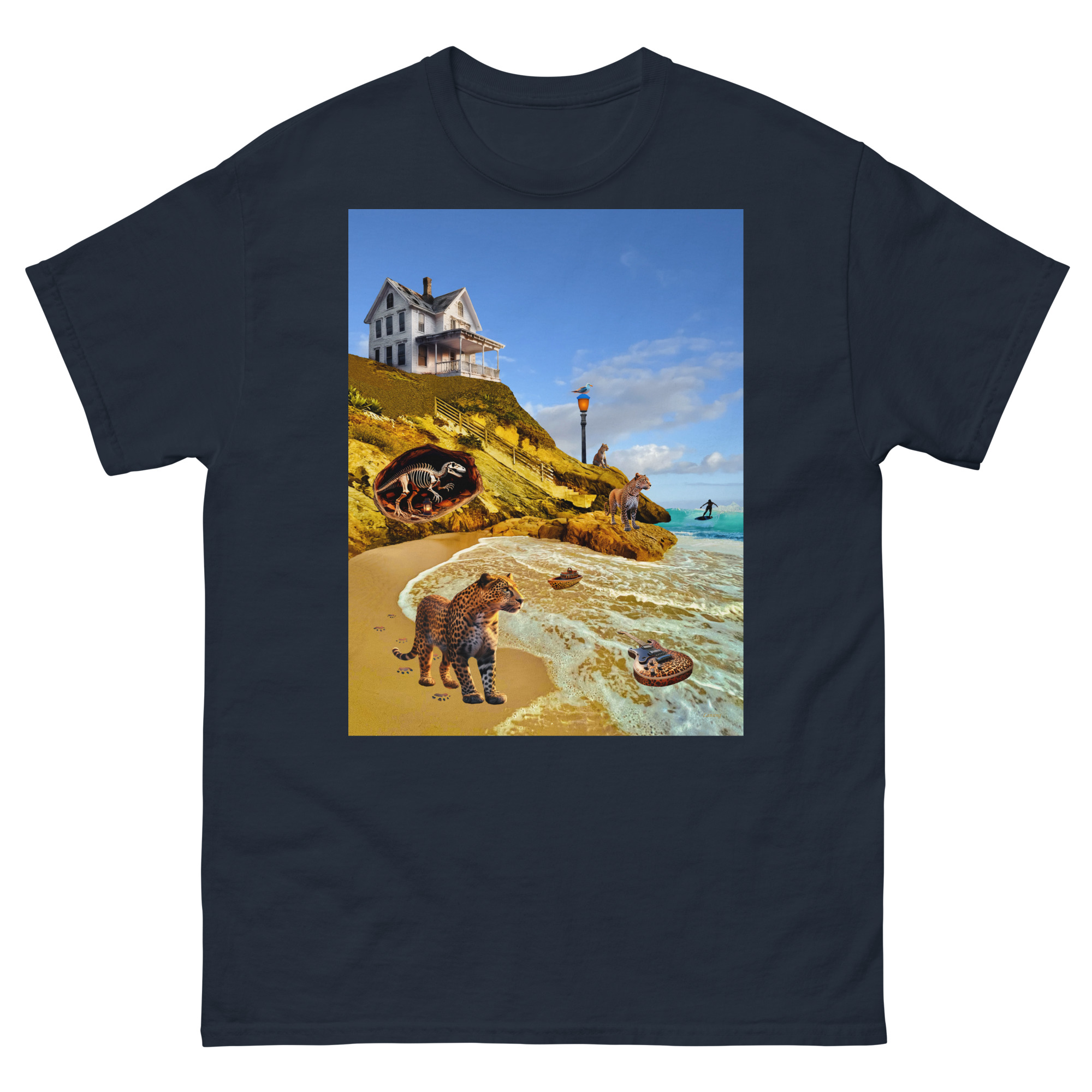 Surreal seaside scene with cats and house