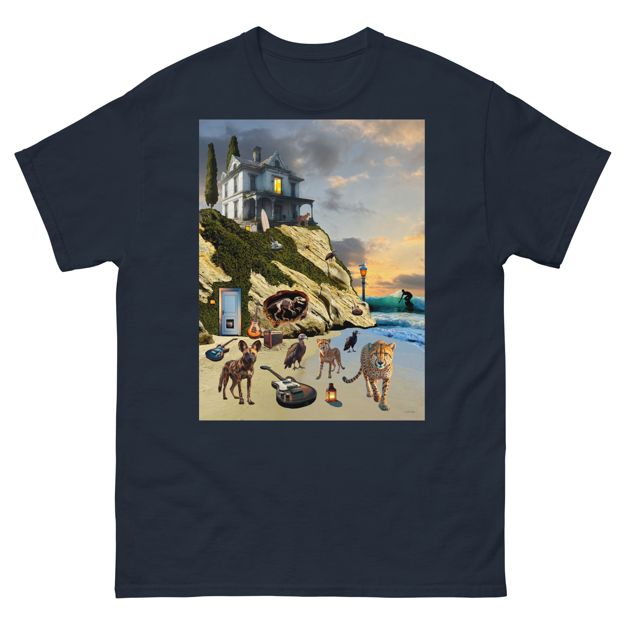 T-shirt with surreal seaside mansion and animals