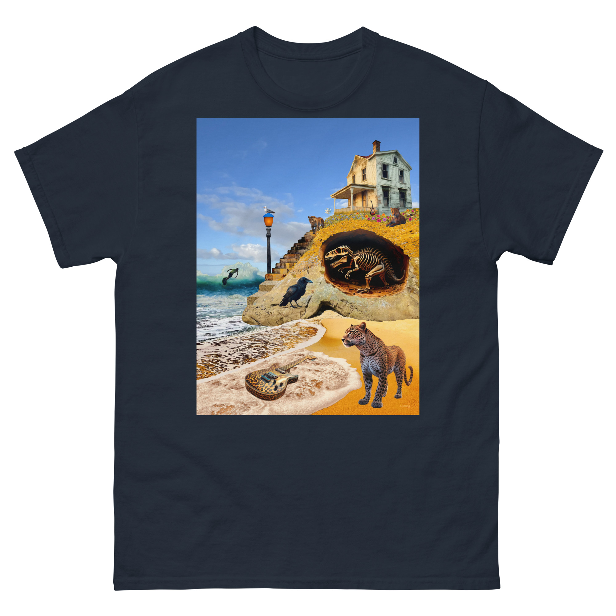 Surreal beach t-shirt design with animals