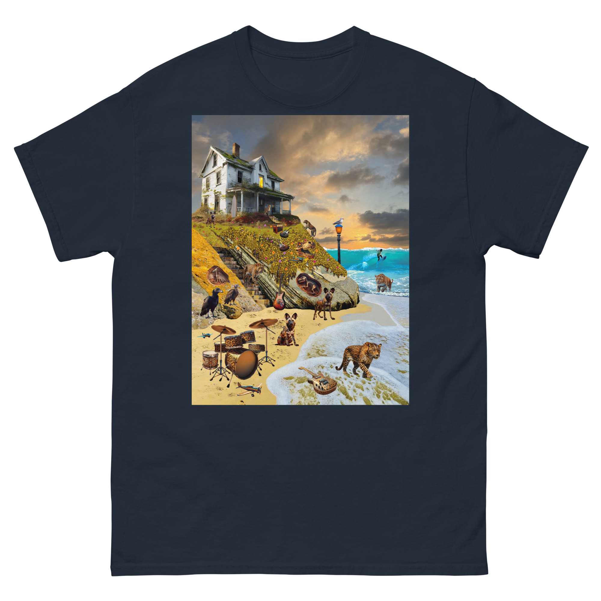 Surreal beach scene with house and animals