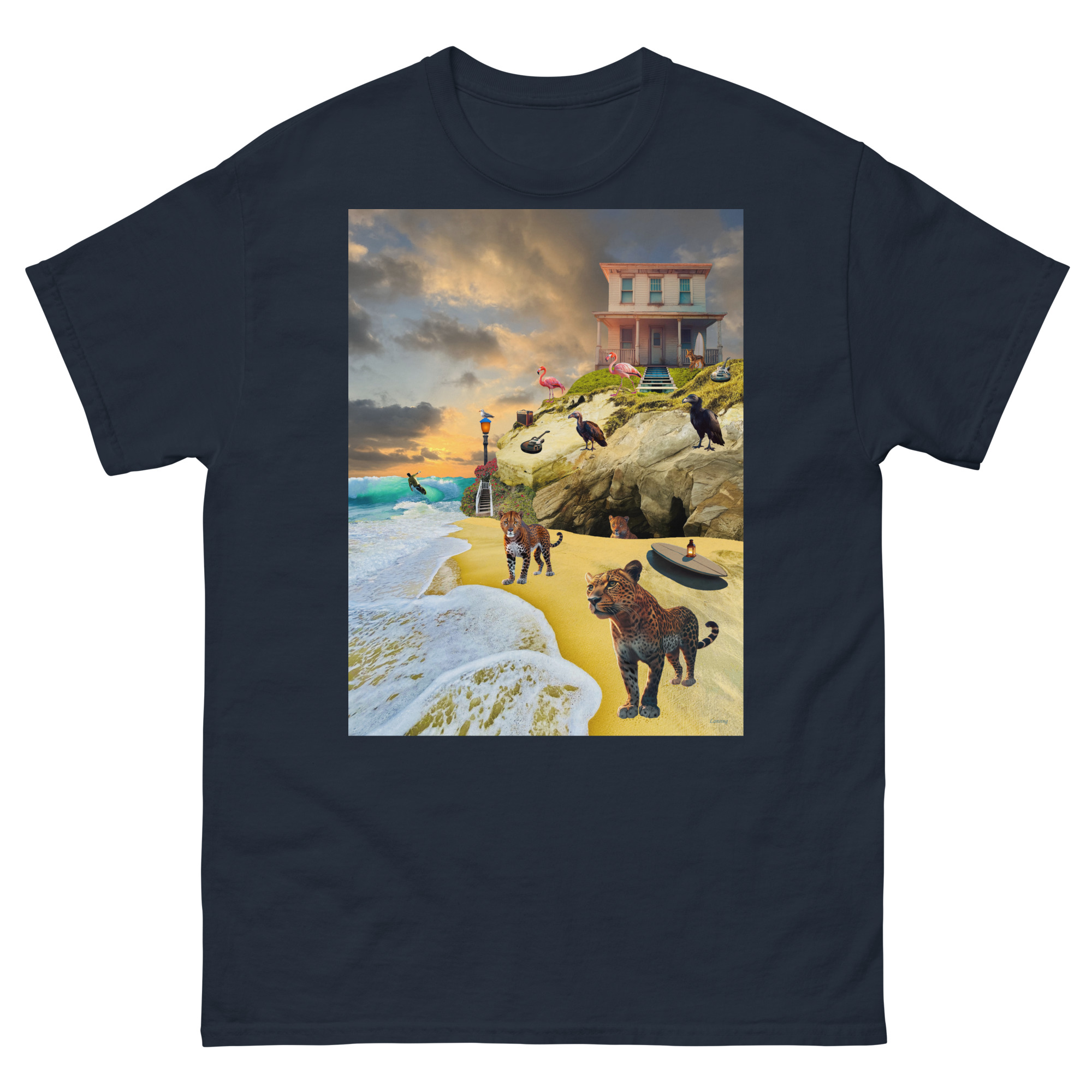 Surreal beach scene with panthers and seaside house