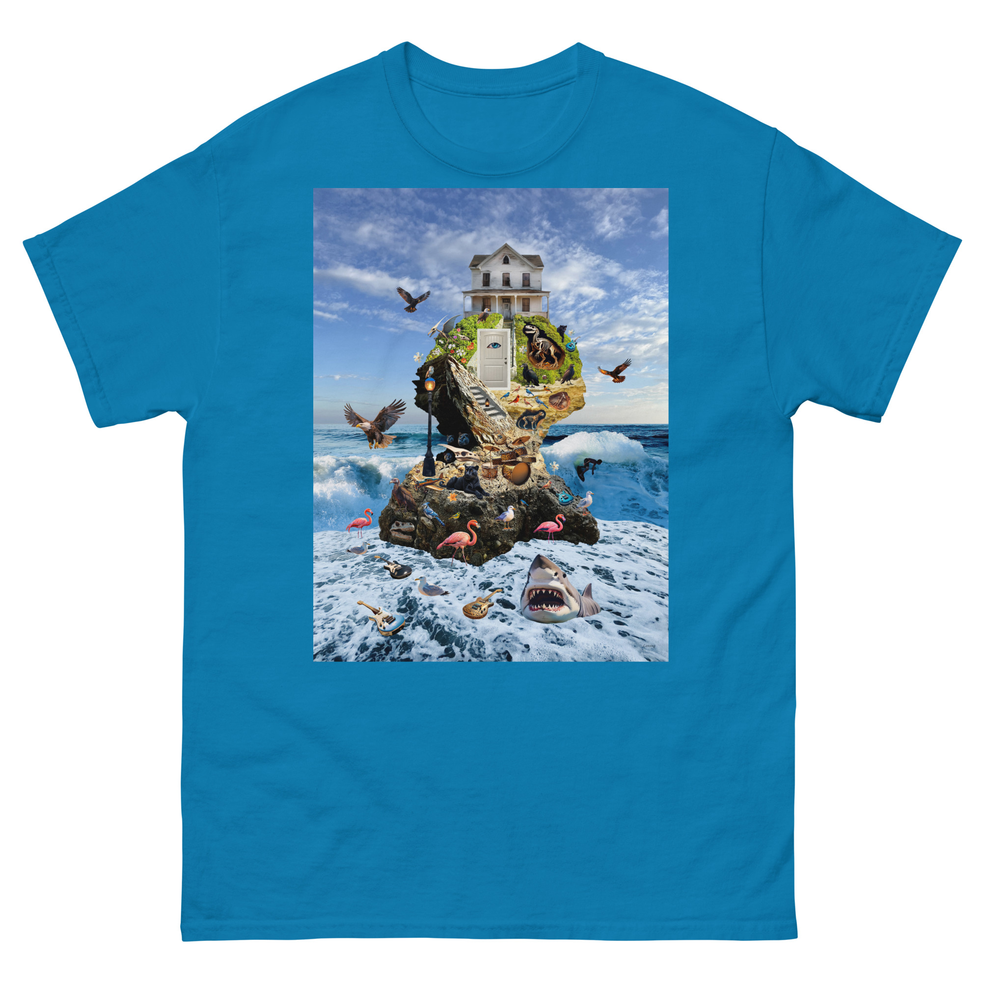 Surreal island collage with house and animals